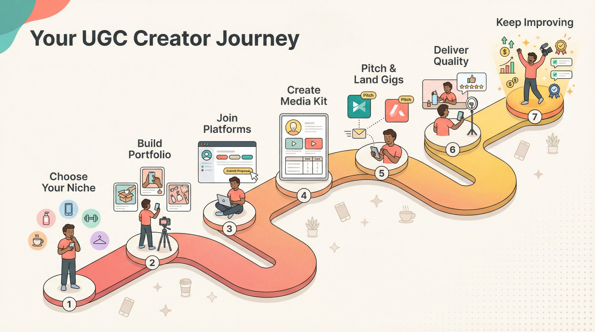 Visual journey map showing 7 steps from beginner to paid UGC creator with upward progression path