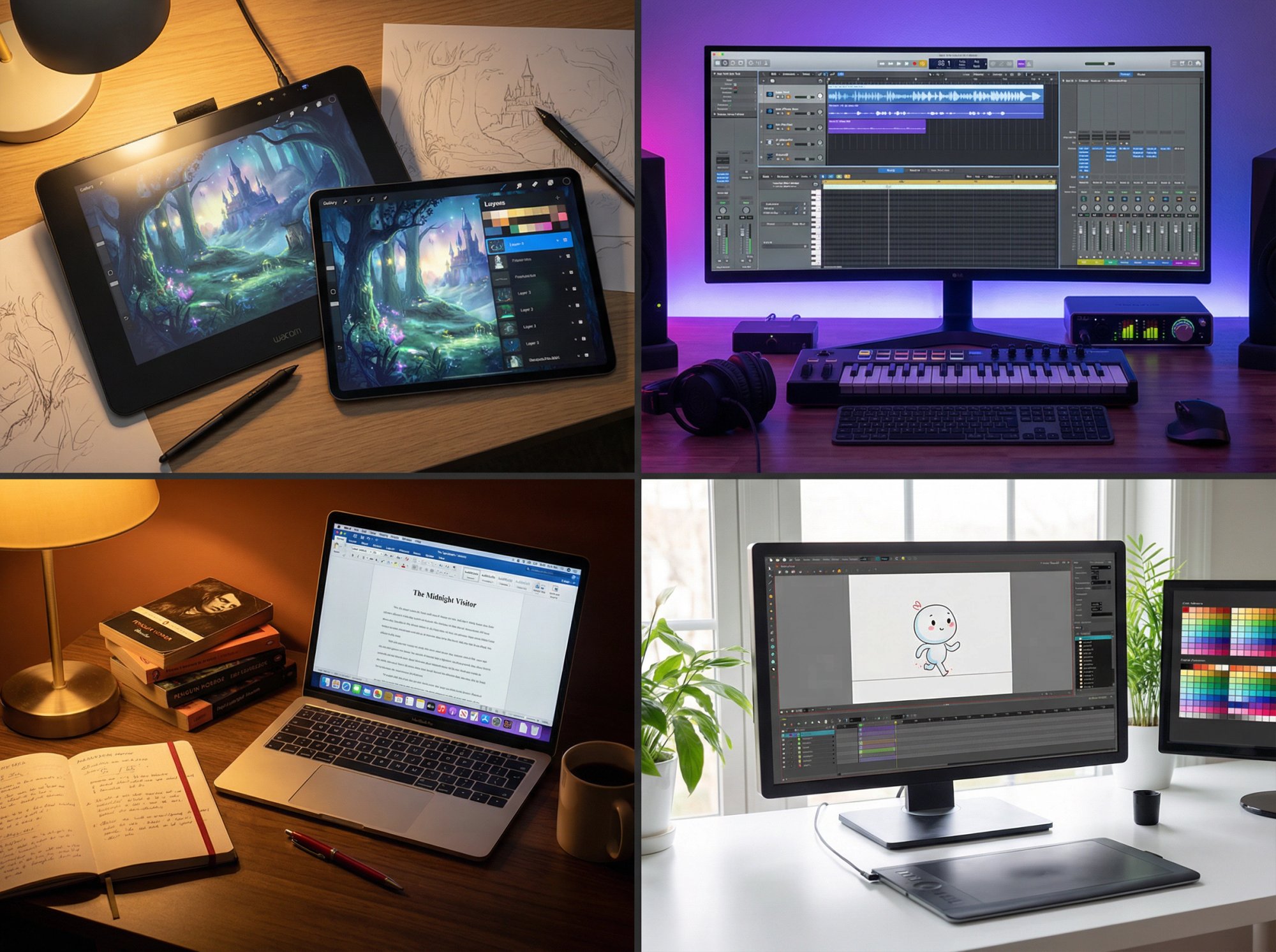 Split-screen creative workspace showing digital art being created, music production interface, storytelling manuscript, and animation timeline