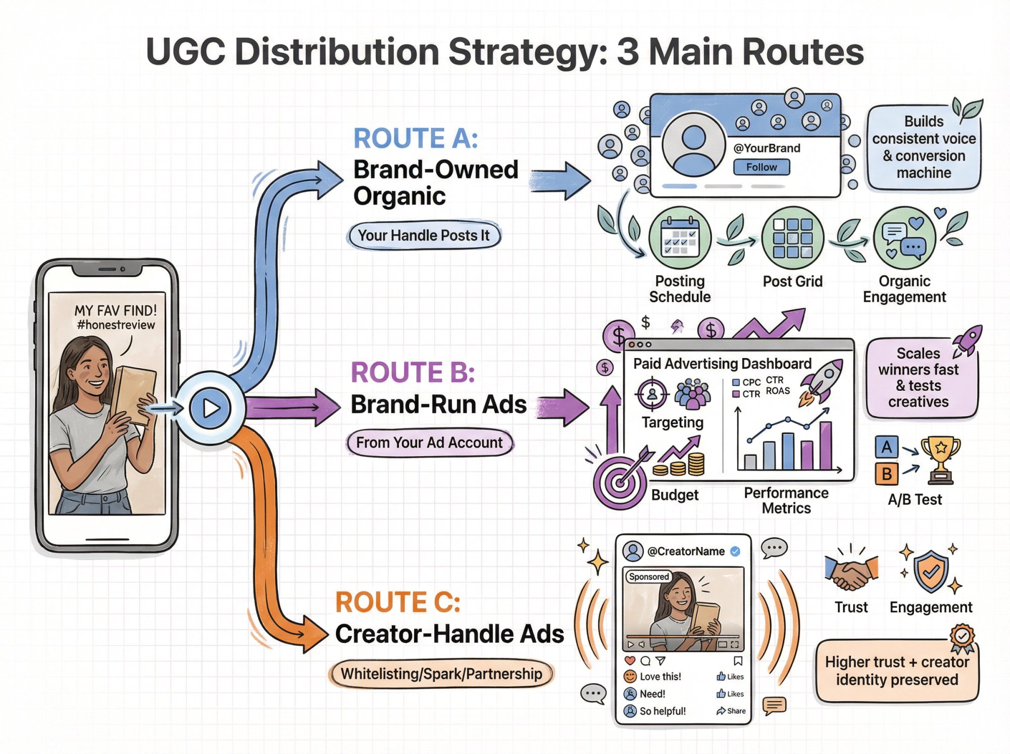 Infographic showing three UGC distribution routes: brand-owned organic, brand-run ads, and creator-handle partnership ads
