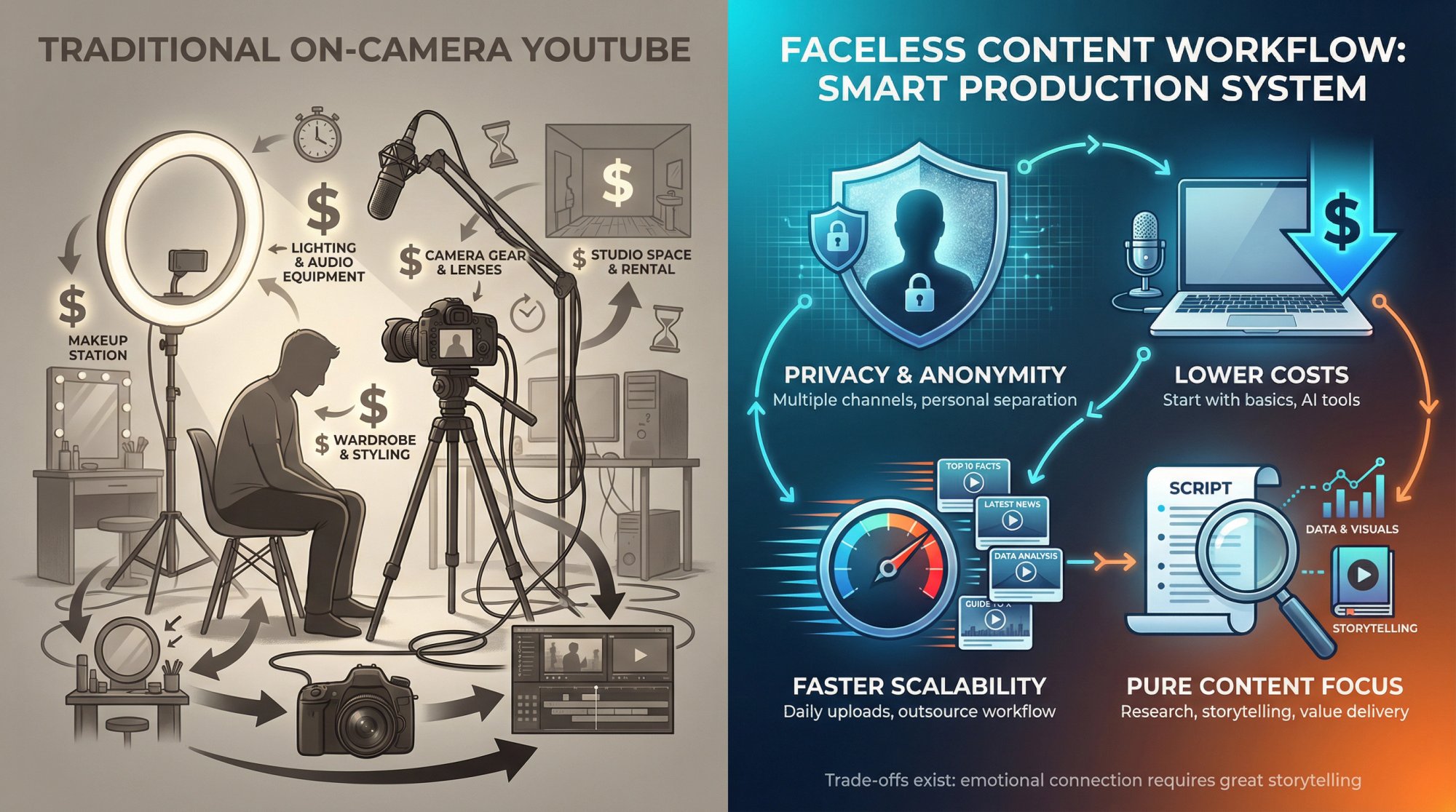 Visual comparison showing four key benefits of faceless YouTube channels: privacy, lower costs, scalability, and content focus