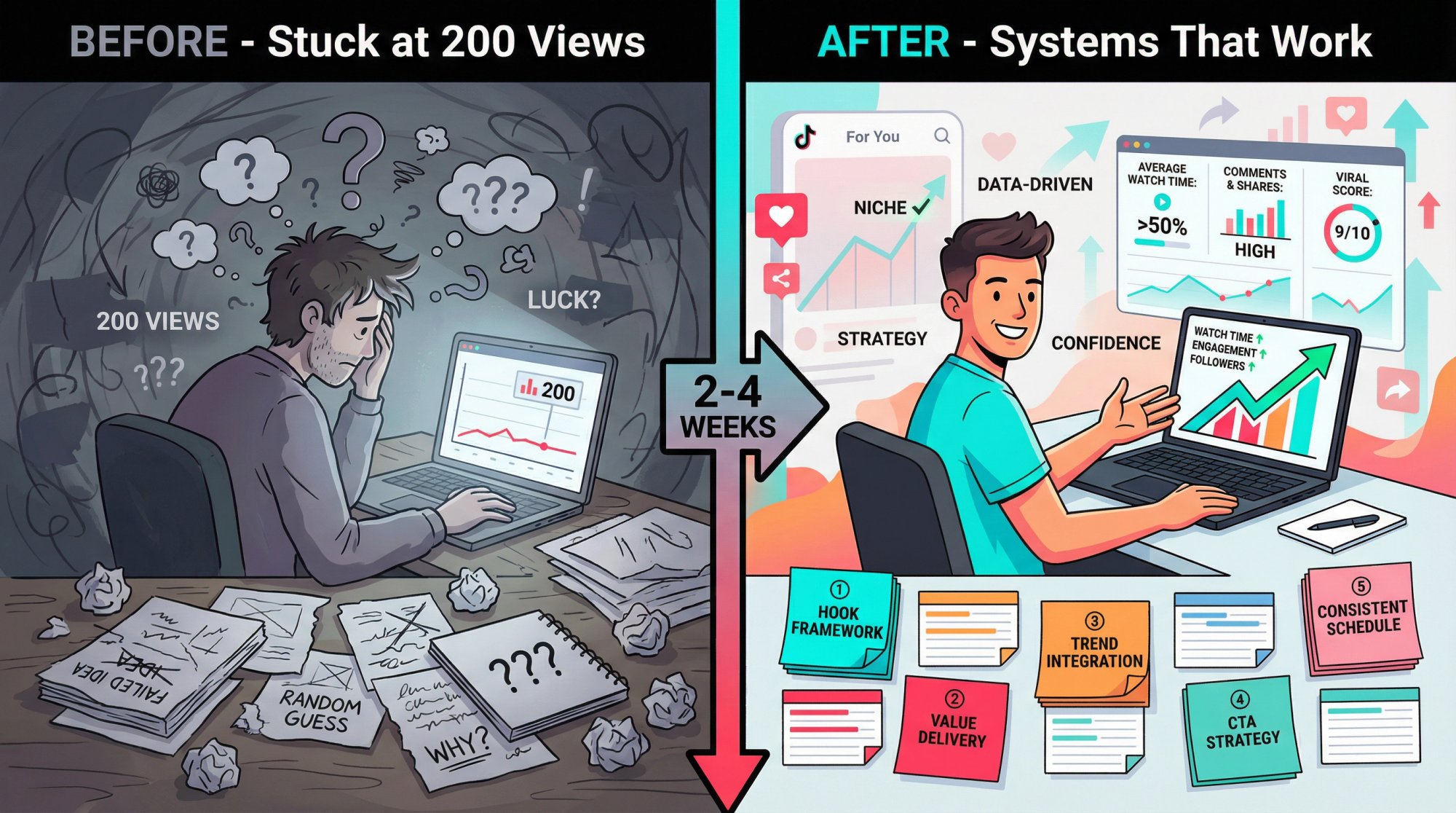 Split-panel illustration showing TikTok creator transformation from stuck at 200 views to systematic growth success