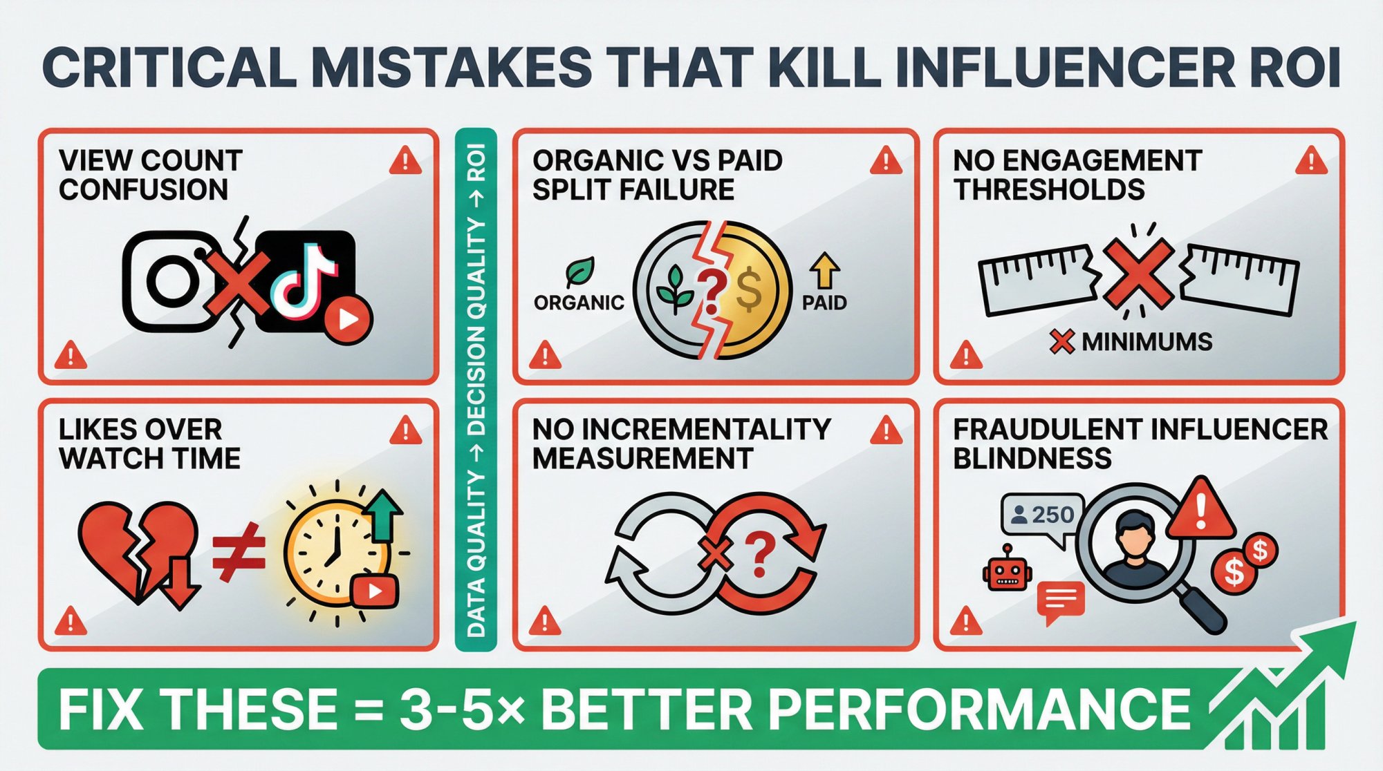 Warning-themed infographic showing six critical influencer marketing mistakes with visual icons and warning triangles