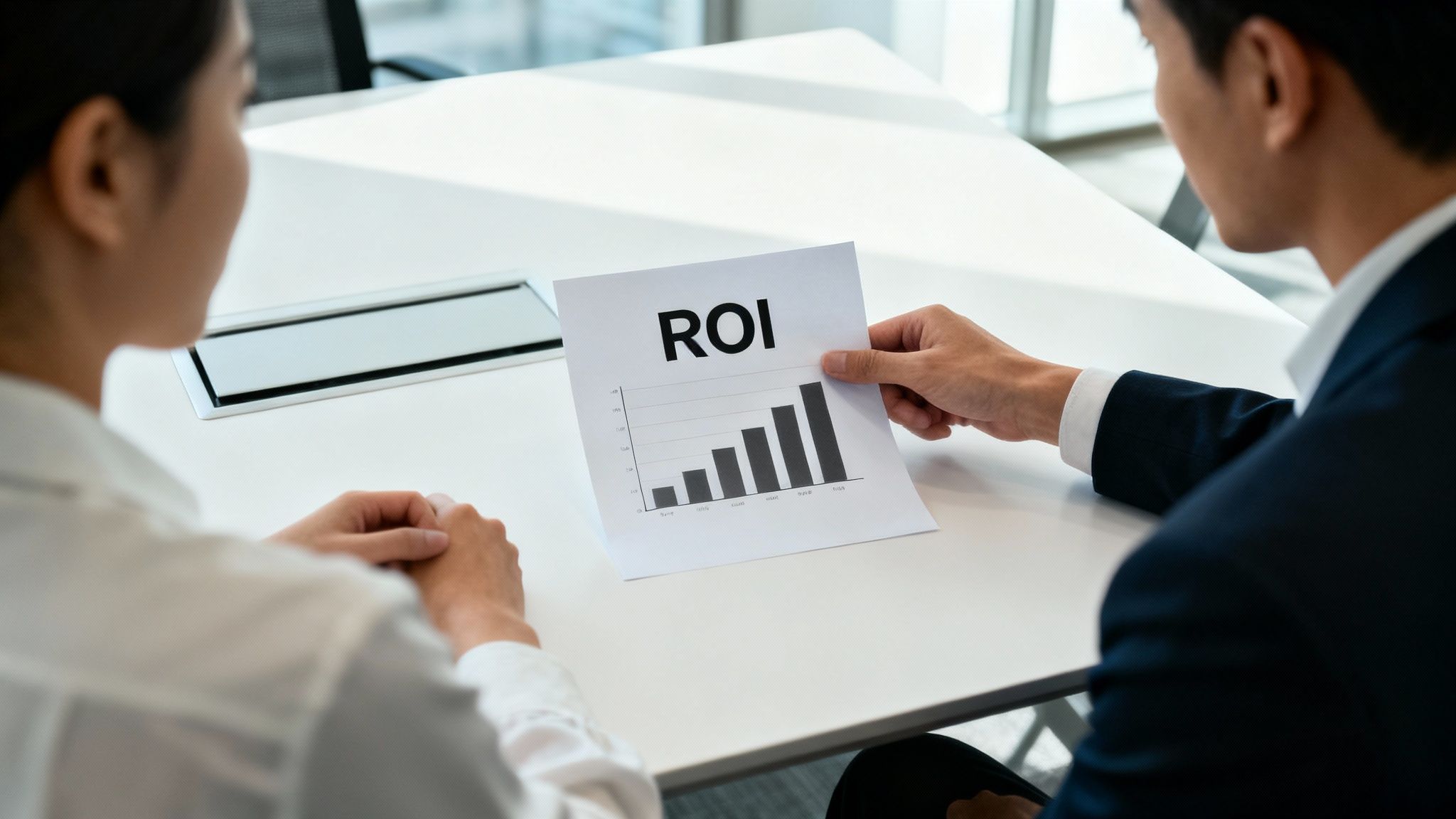 A team of professionals collaborating around a table, discussing strategy and sales plans.