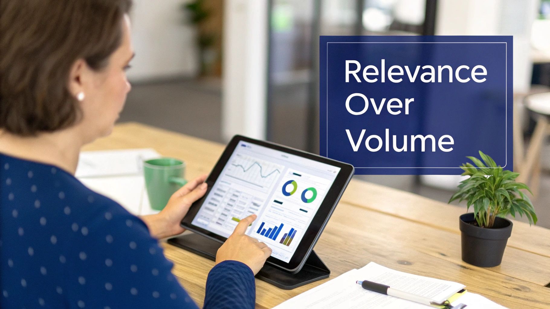 Professional analyzing data on a tablet with charts and graphs, emphasizing 'Relevance Over Volume' for business insight.