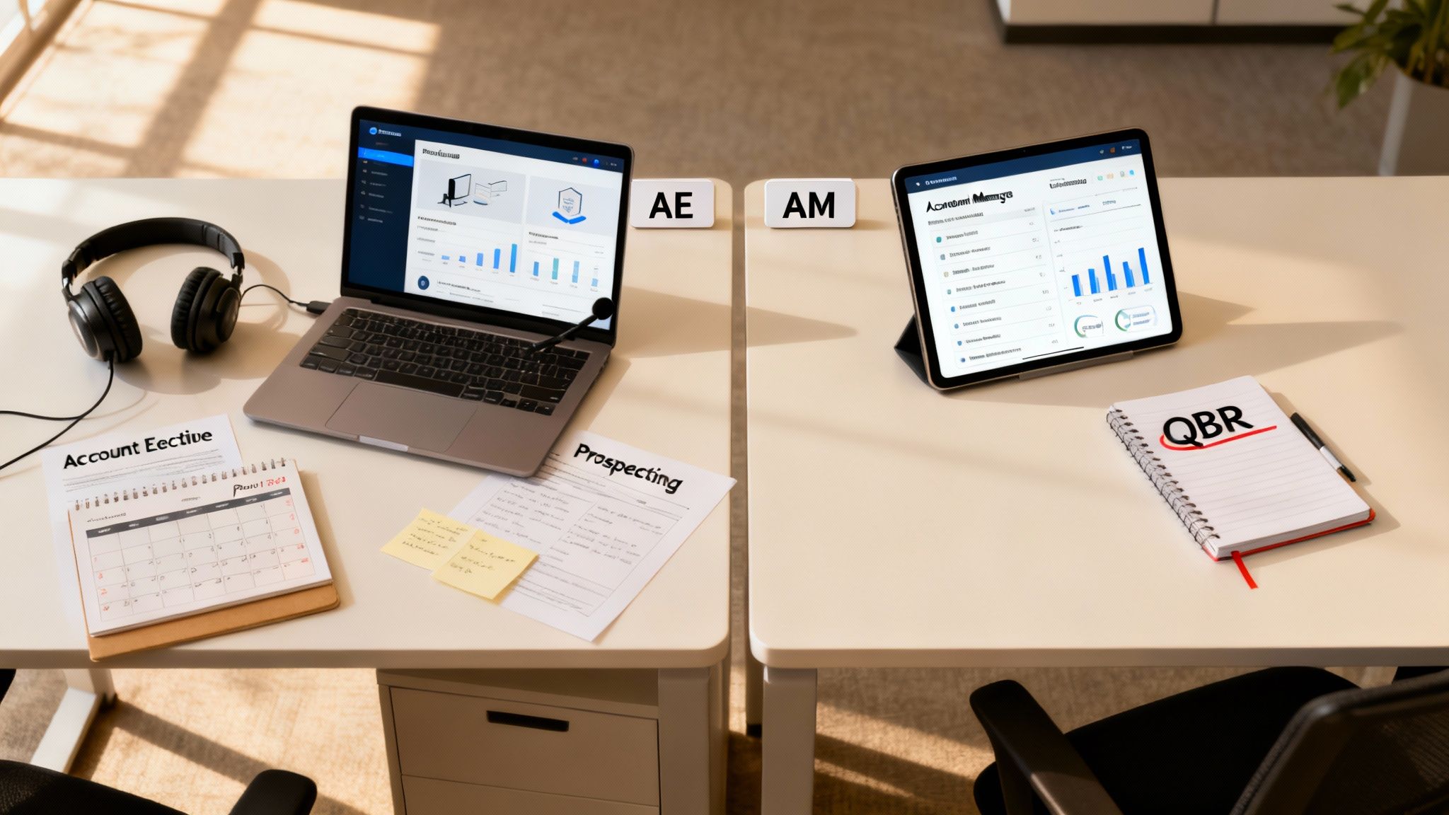 Two distinct workspaces represent Account Executive and Account Manager roles with their respective tools.