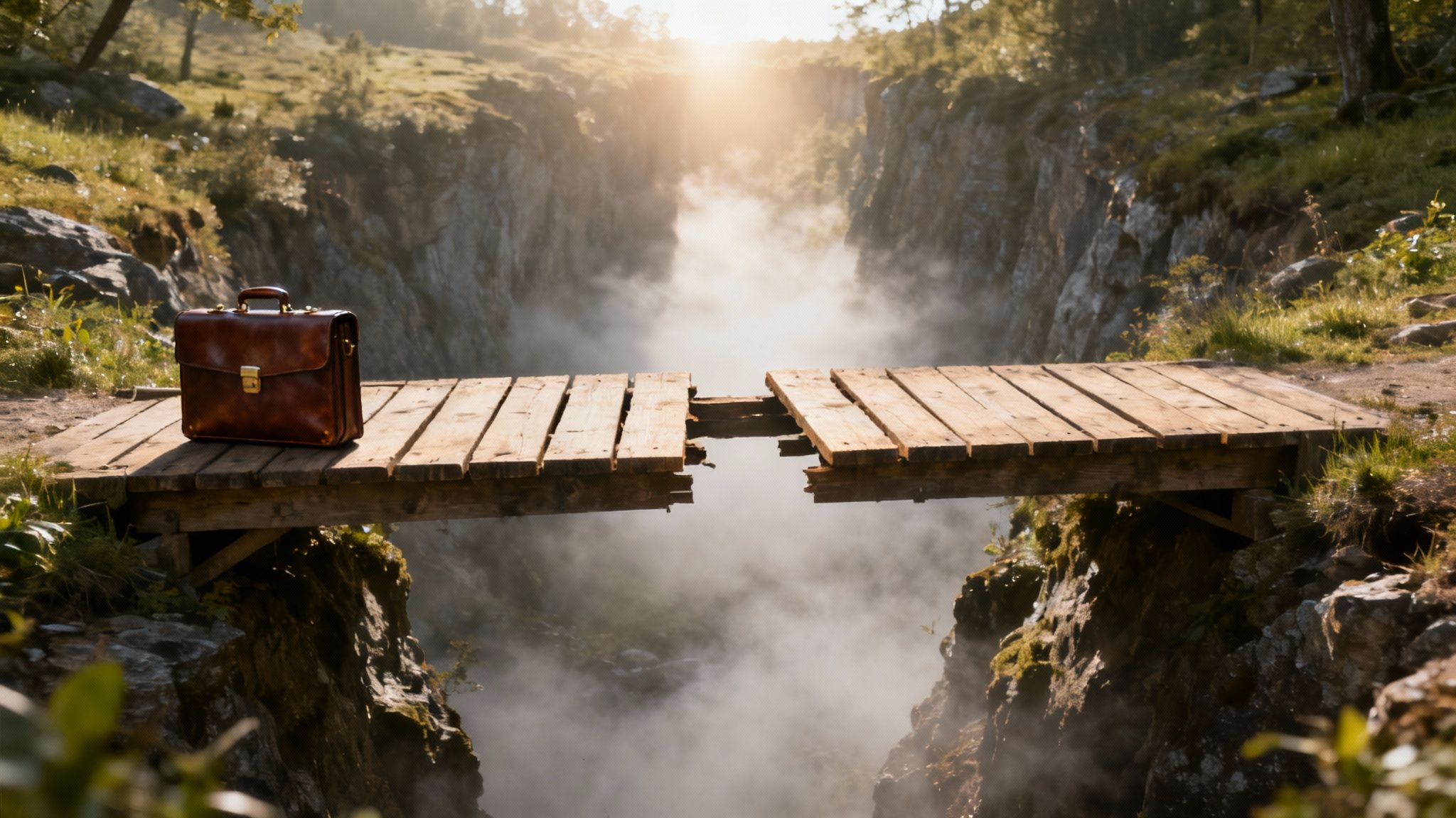 A bridge with missing planks, symbolizing the value gap between a prospect's problems and a proposed solution.