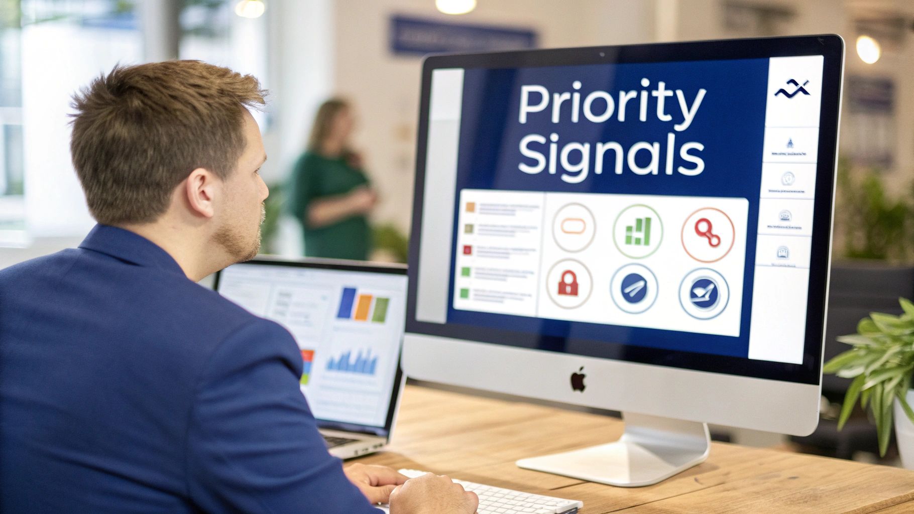 A man in a blue blazer works on a desktop computer and laptop, analyzing data in an office.