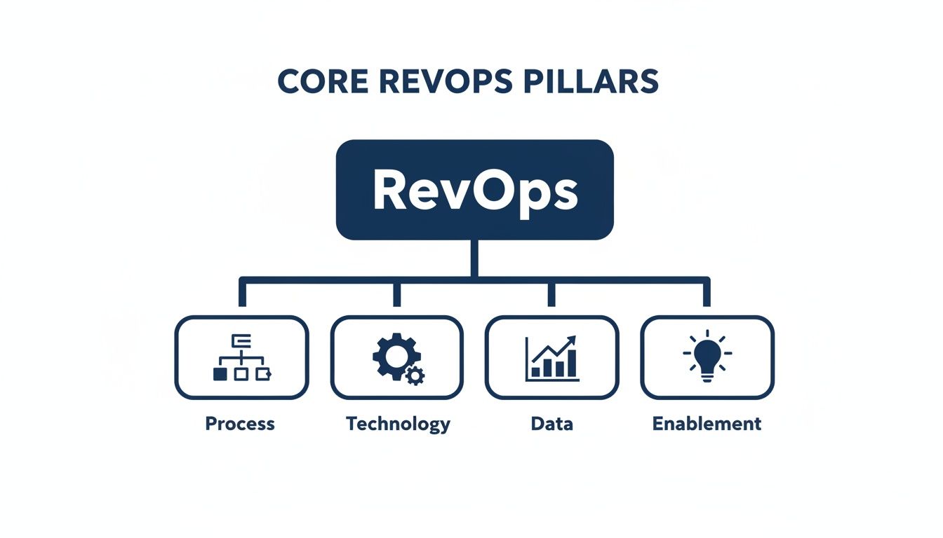 Diagram illustrating the four core RevOps pillars: Process, Technology, Data, and Enablement.