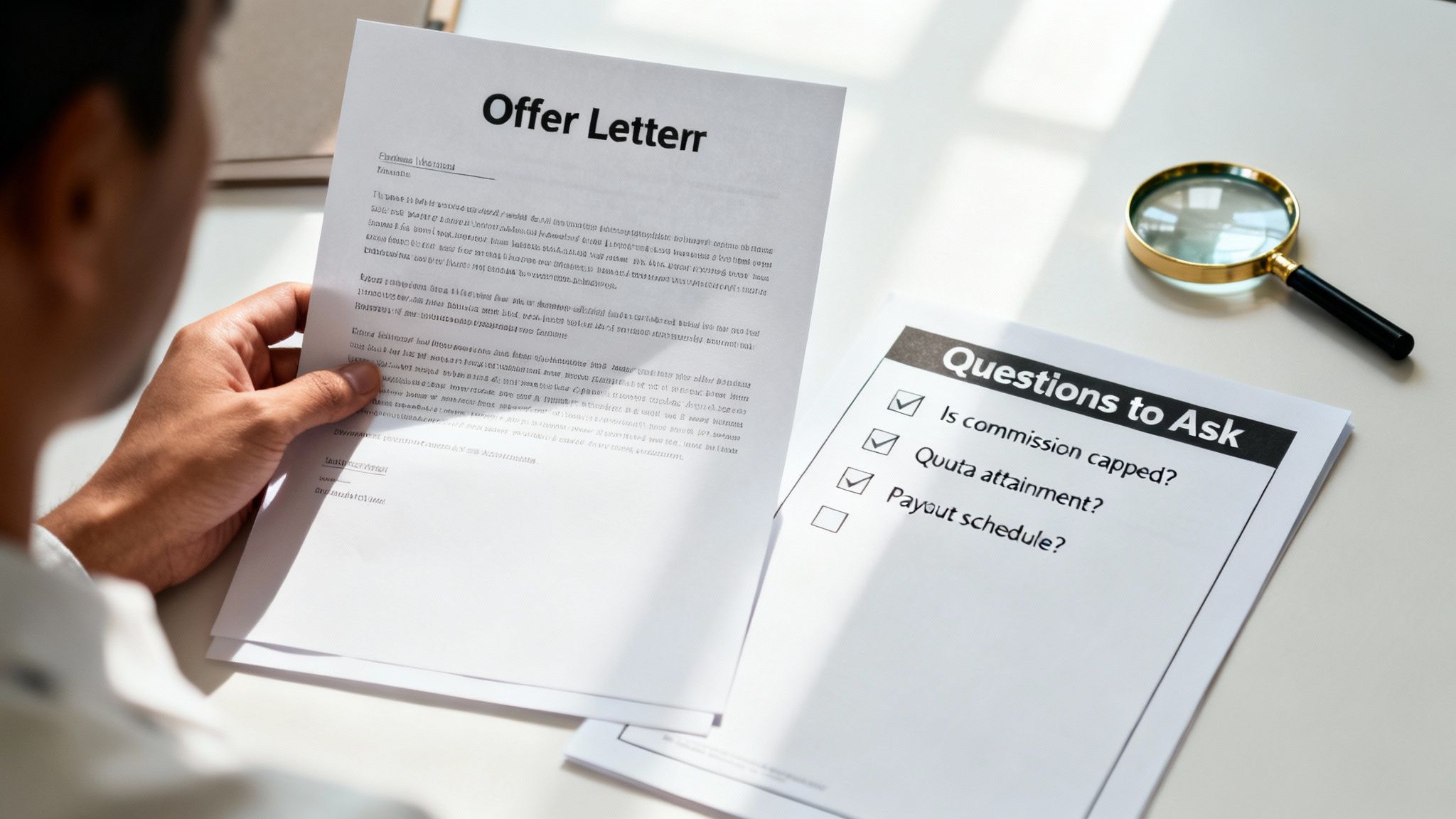 A person reviews an offer letter and a list of questions to ask about commission and payout.