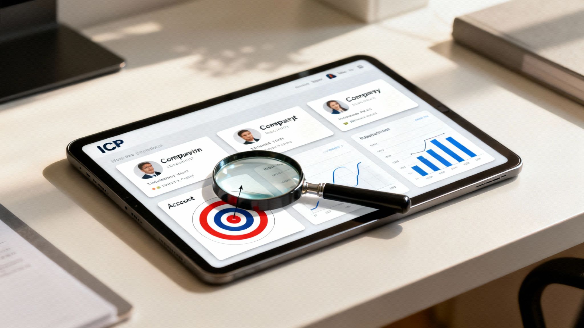 Close-up of a tablet displaying business intelligence dashboards, company overviews, and a target graphic, under a magnifying glass.