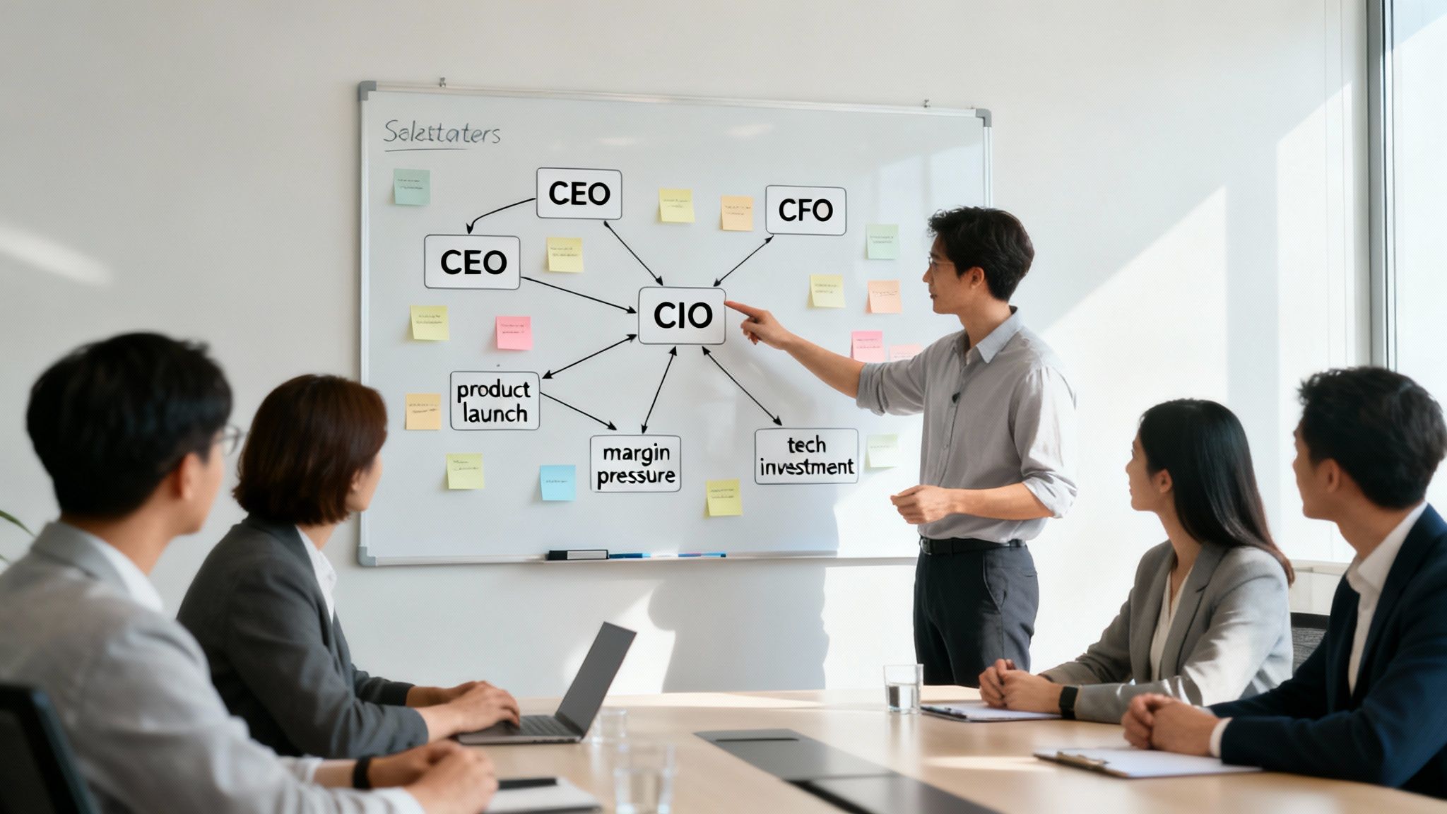 A man presents a mind map on a whiteboard to colleagues, discussing business concepts like CIO, CEO, and product launch.