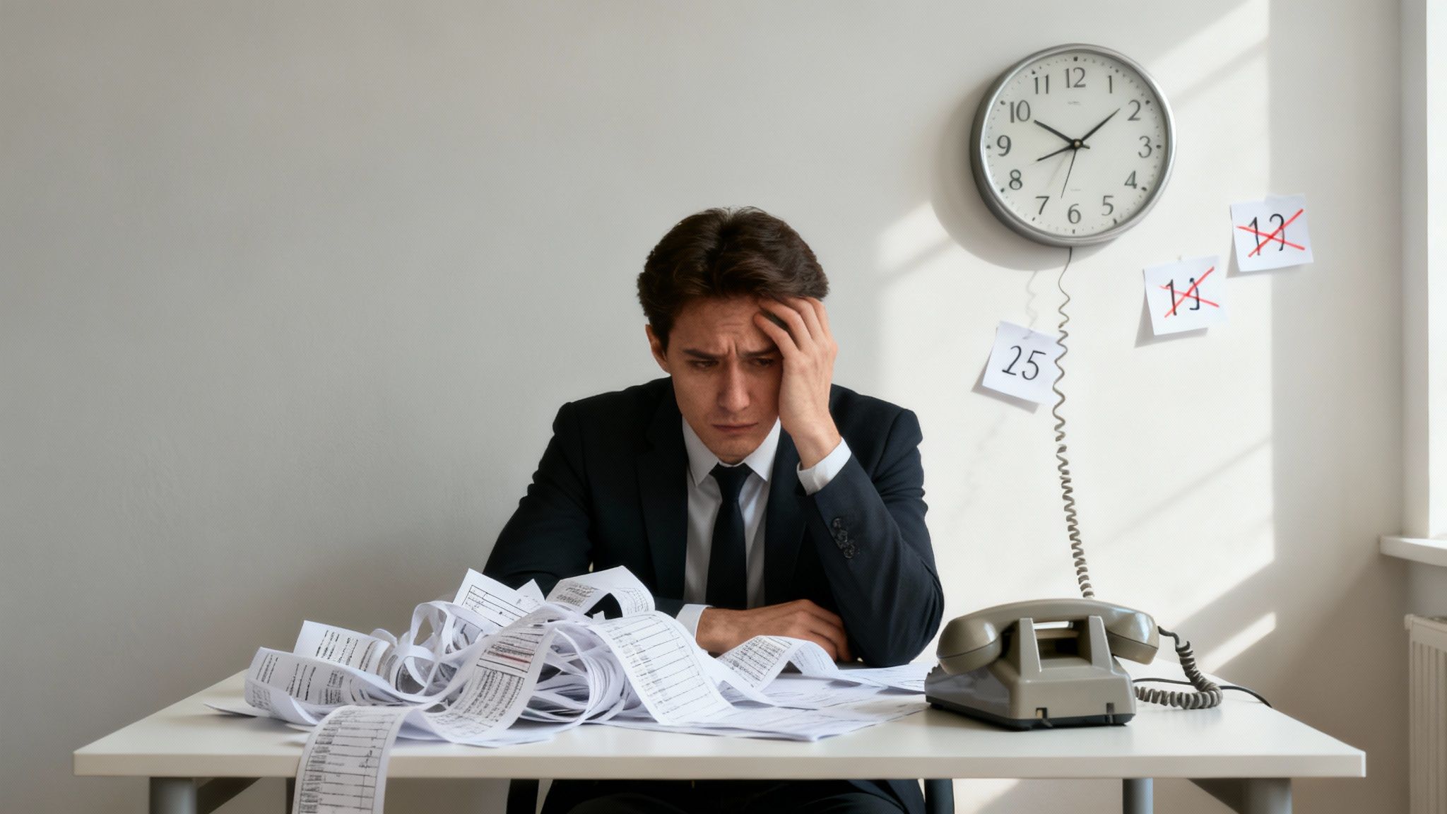 Overwhelmed man in a suit looks stressed while sitting at a desk covered in long receipts.