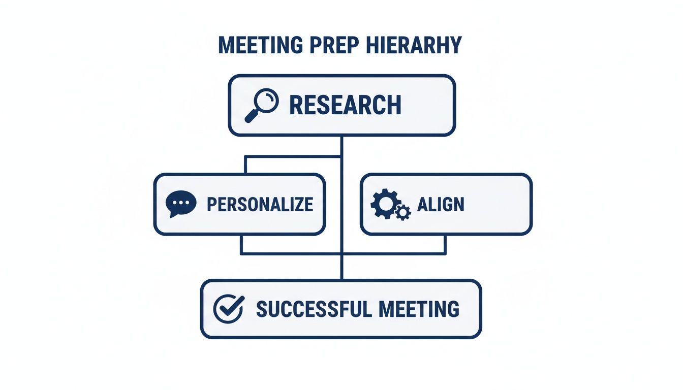 A flowchart detailing the meeting prep hierarchy: Research, Personalize, Align, leading to a Successful Meeting.