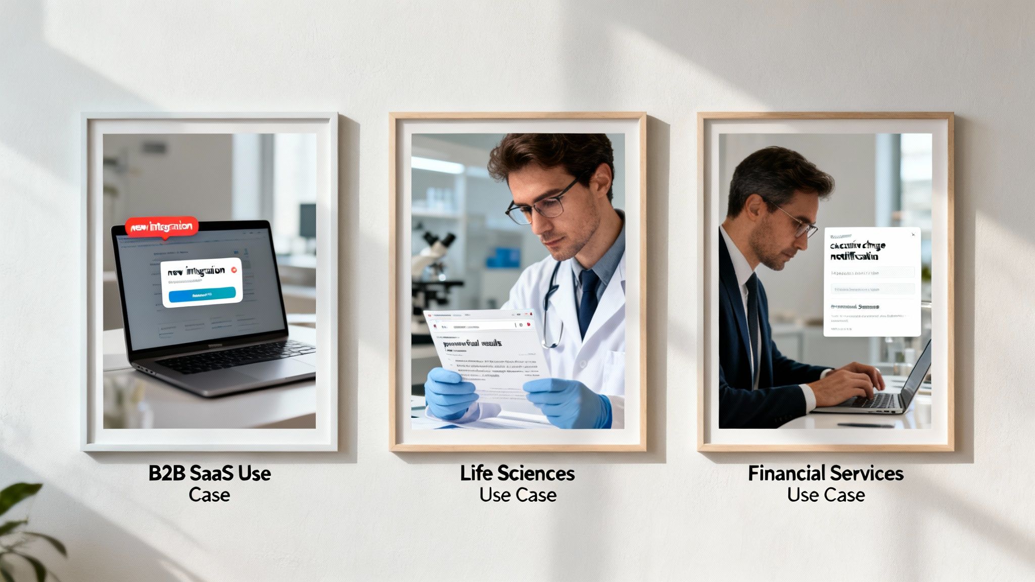 Three framed images illustrating AI use cases across B2B SaaS, Life Sciences, and Financial Services industries.