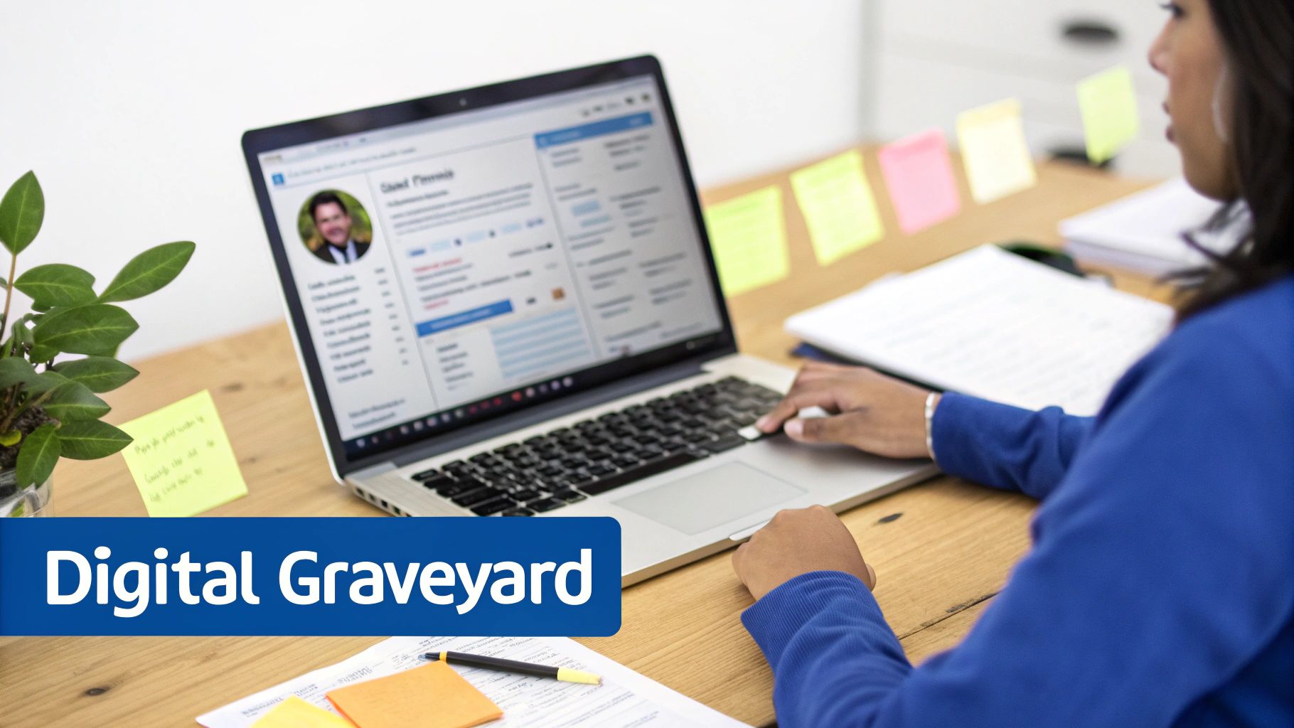Person typing on a laptop showing a professional profile, with 'Digital Graveyard' banner.