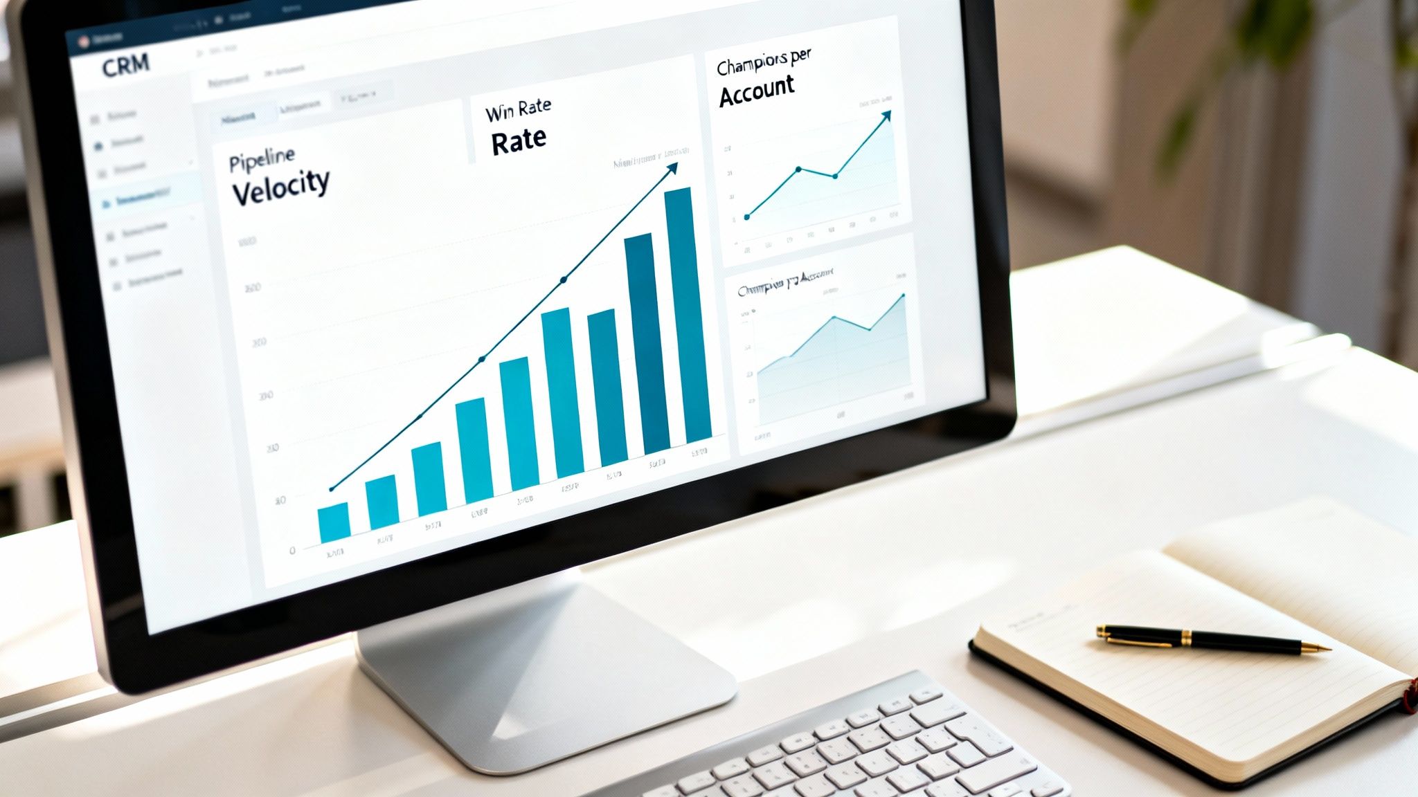 A computer monitor displays a CRM dashboard with business performance charts, including win rate and pipeline velocity.