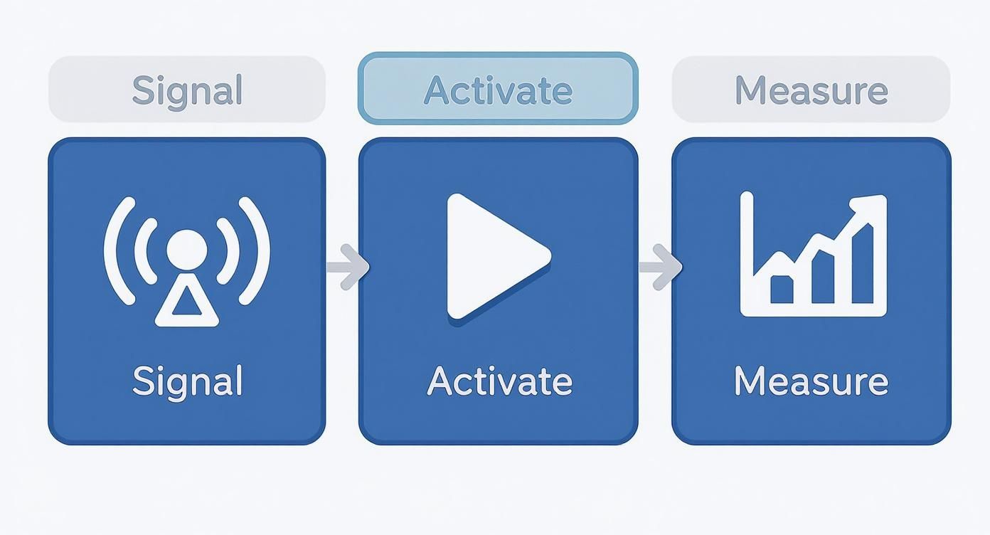 Diagram illustrating a three-step process: Signal (radio waves icon), Activate (play button), and Measure (bar chart).