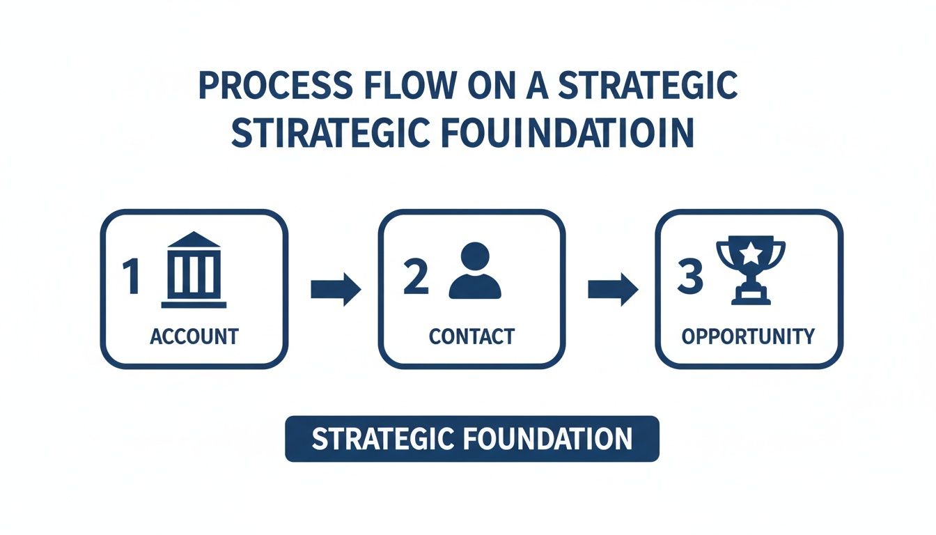 Diagram showing a three-step strategic process flow: Account, Contact, and Opportunity, built on a strategic foundation.