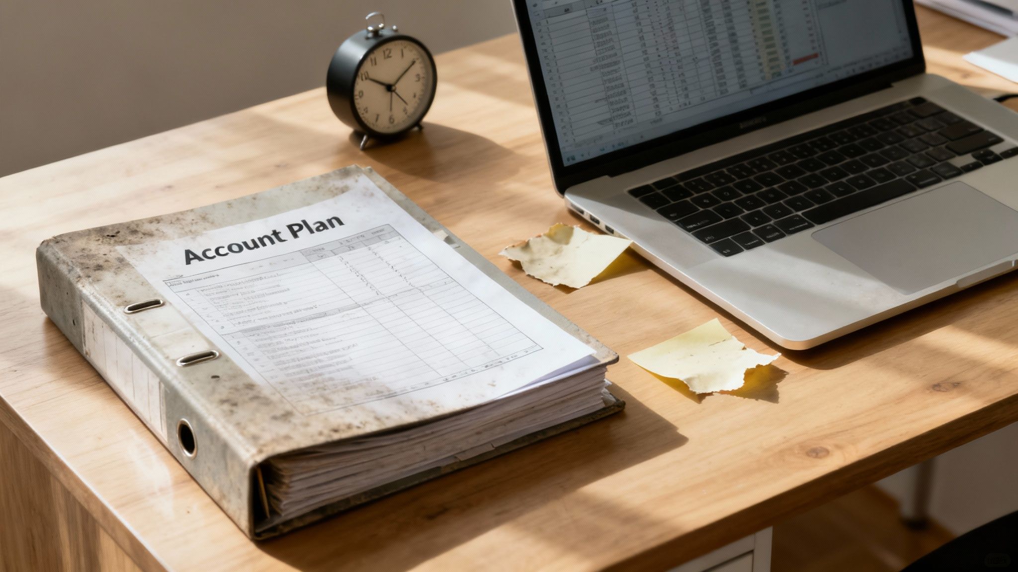 A team of sales professionals collaborating around a table with laptops, highlighting the process of sales account planning.