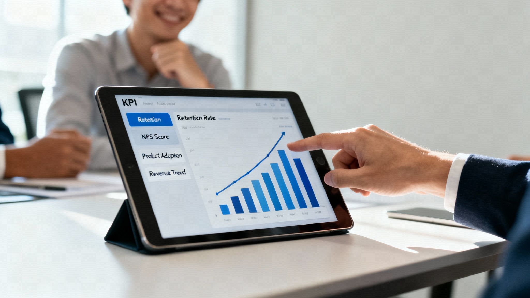 A hand points at a tablet displaying a rising retention rate chart during a business meeting.