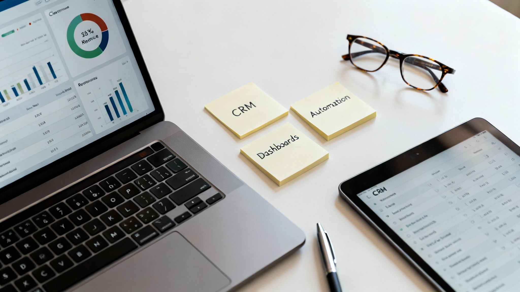 Overhead view of a business workspace with a laptop showing dashboards, CRM notes, and a tablet.