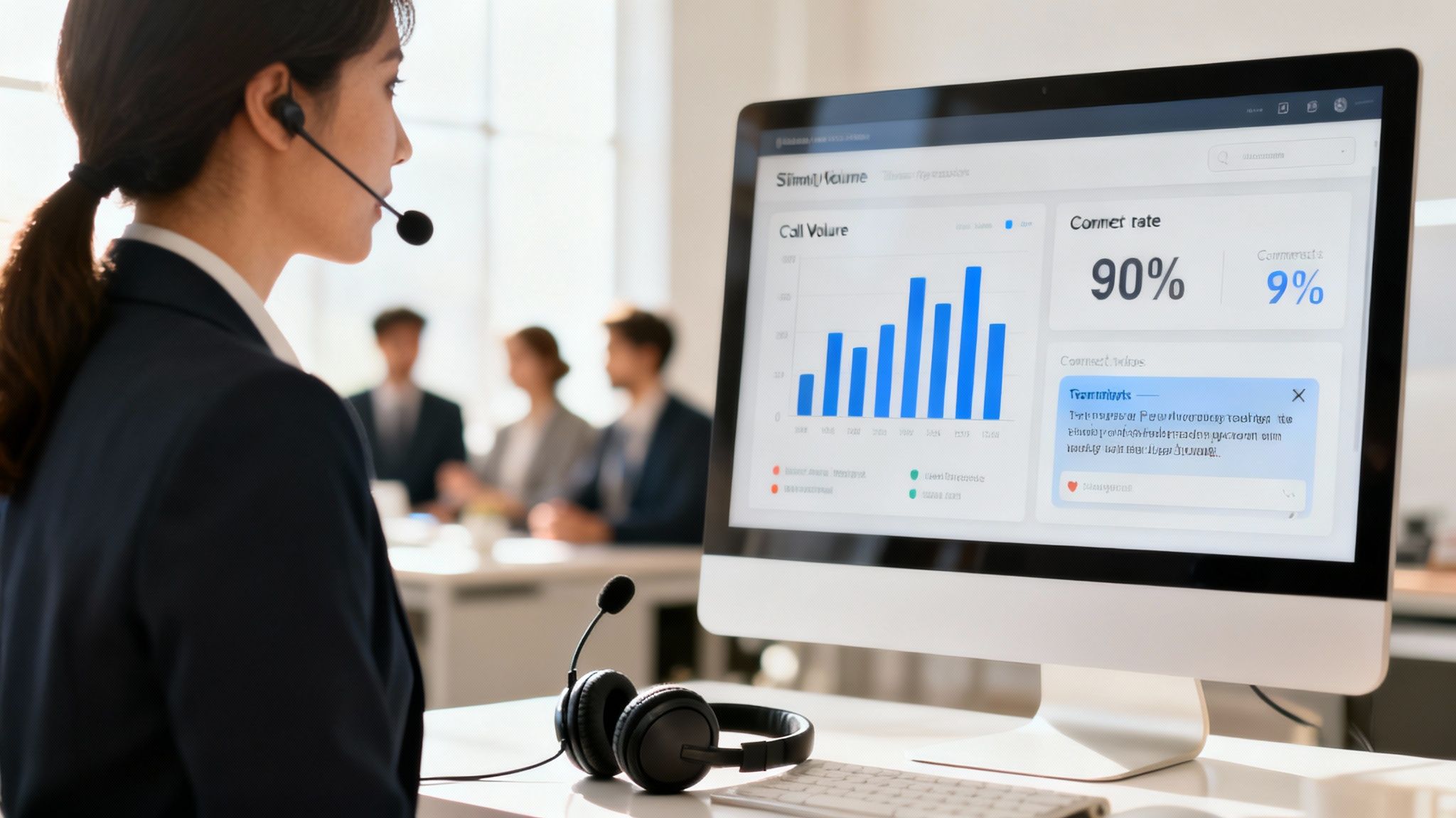 A female call center agent with a headset views sales performance on a computer dashboard.