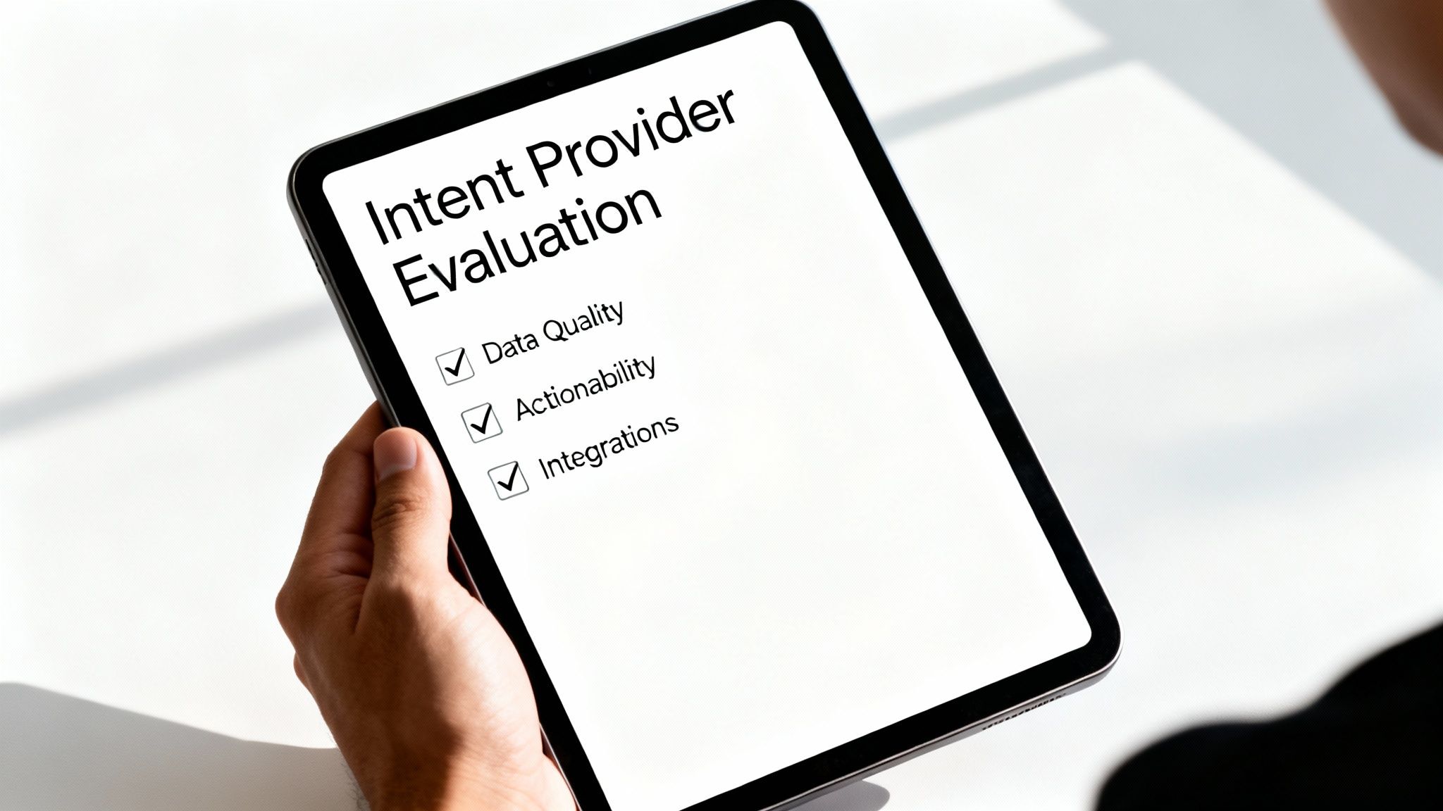A hand holds a tablet showing an 'Intent Provider Evaluation' checklist with three items checked.