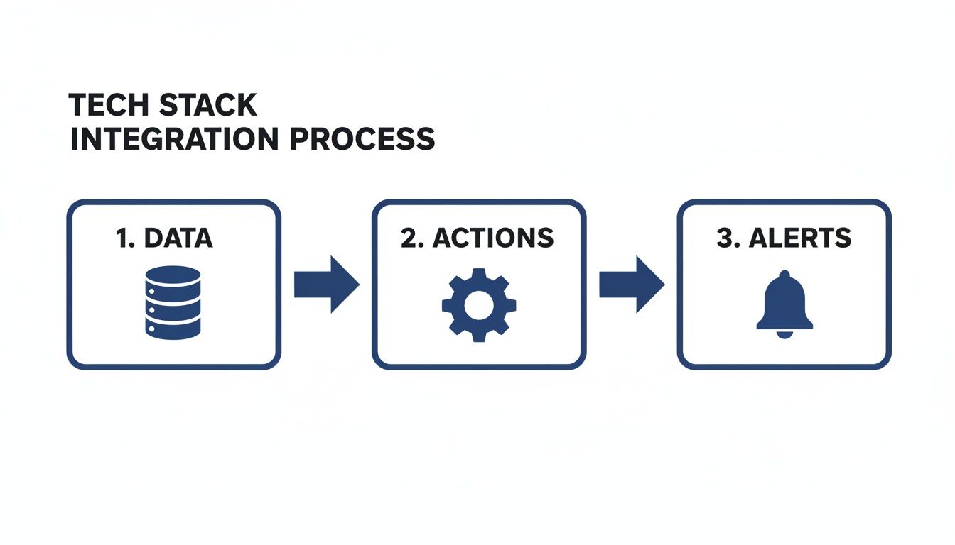 A flowchart illustrating the tech stack integration process, showing steps from data to actions and alerts.