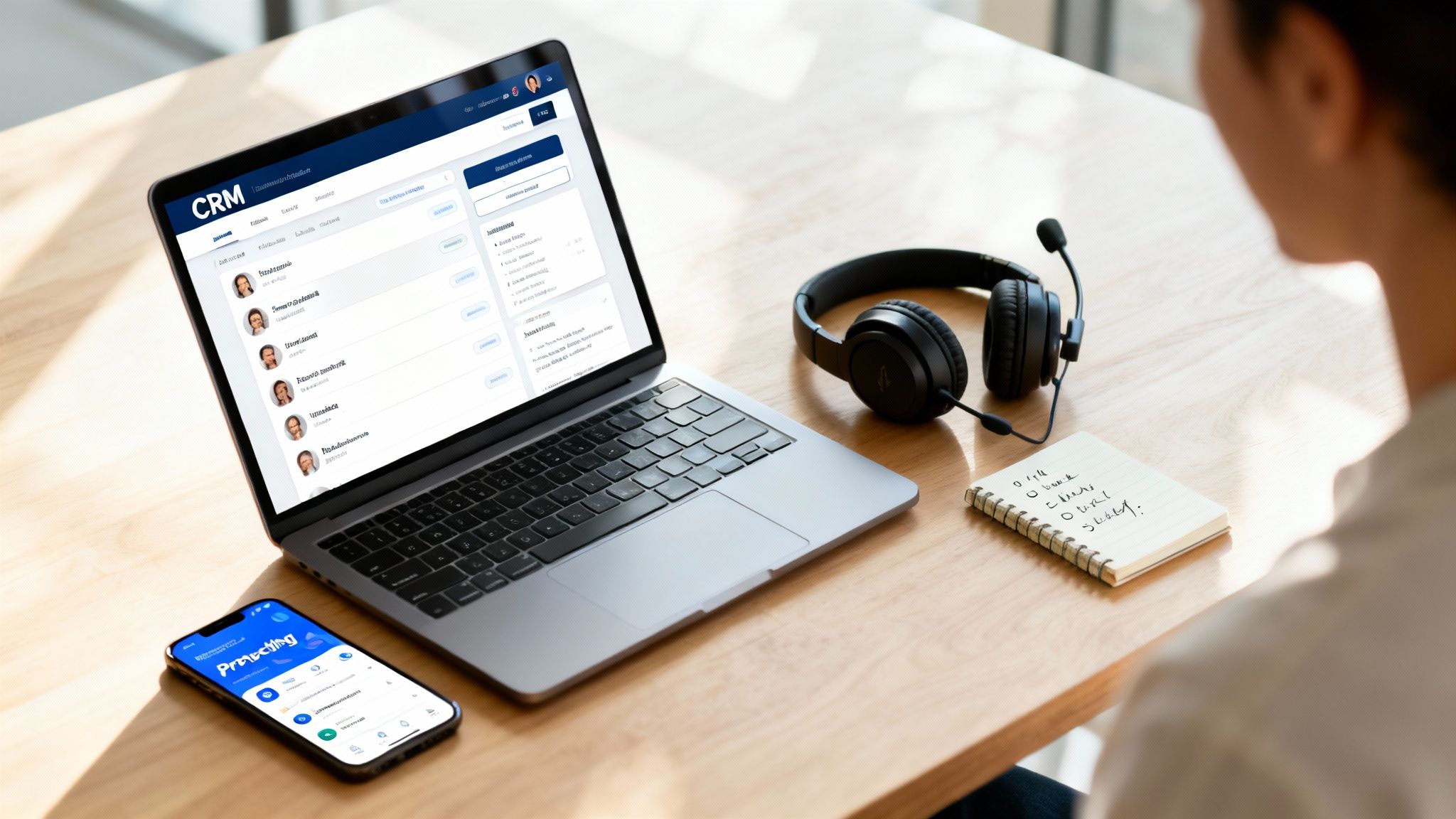 Person working on a laptop displaying CRM software, with headphones and a smartphone on a wooden desk.