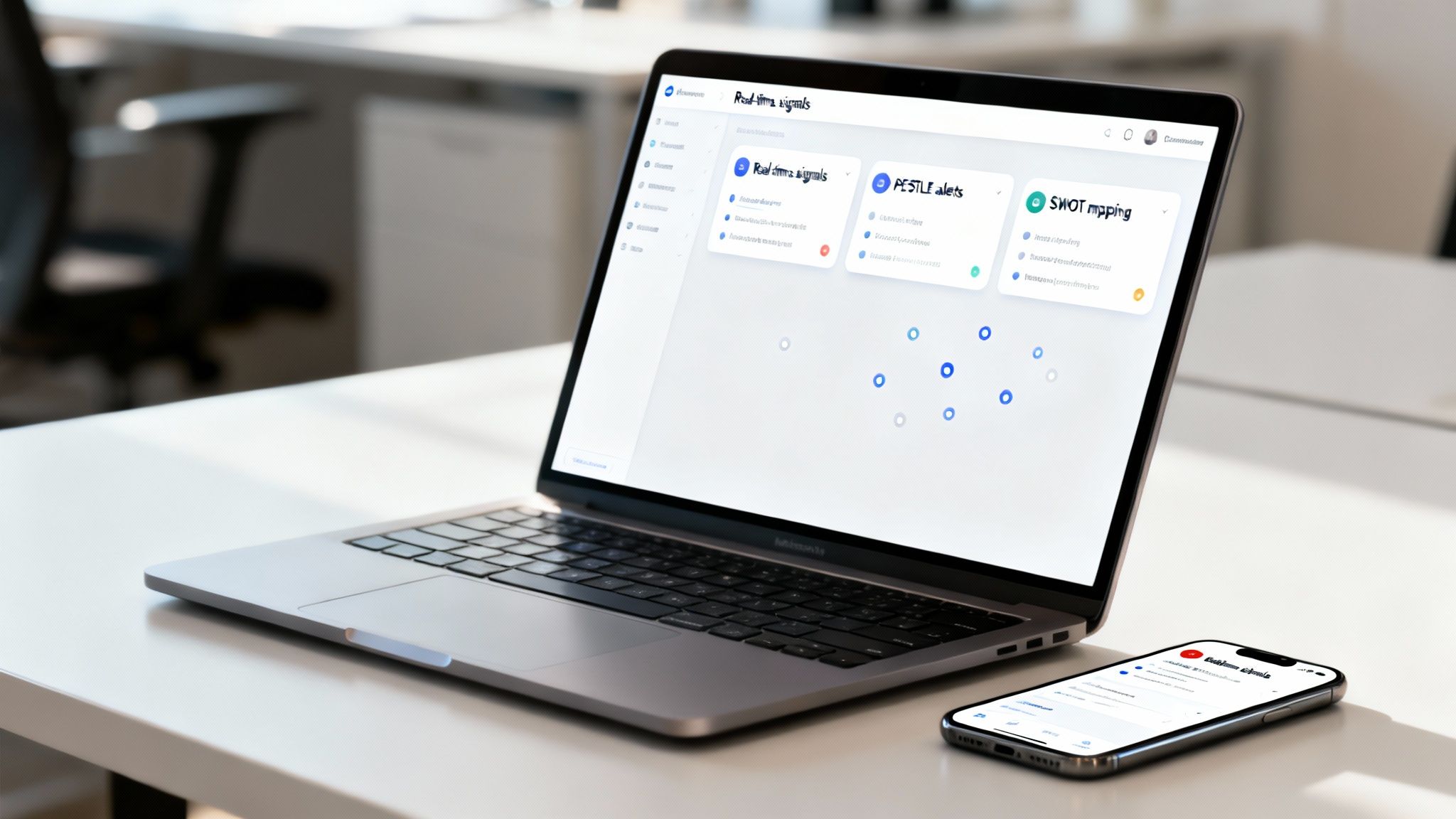 A laptop on a desk showing a dashboard with real-time signals, PESTLE alerts, and SWOT mapping.