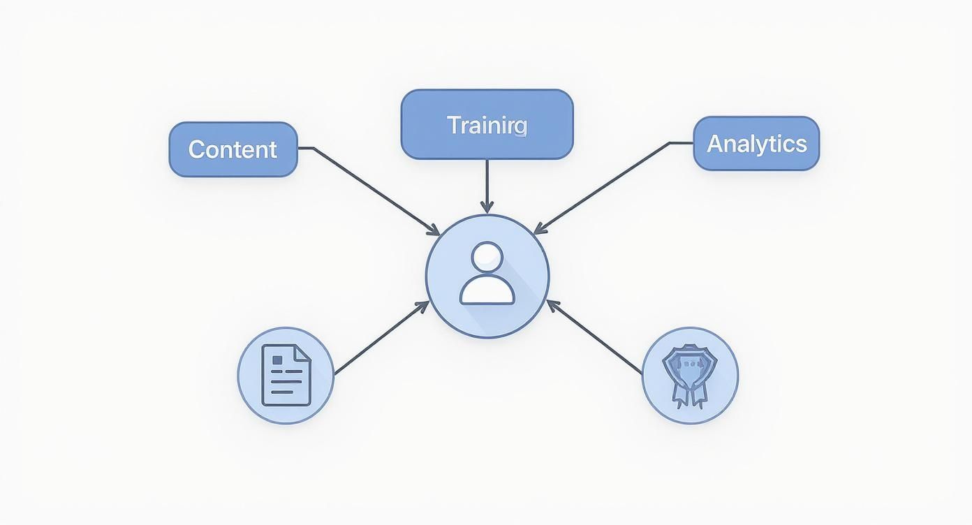 A diagram illustrating a central user benefiting from content, training, analytics, documents, and awards.