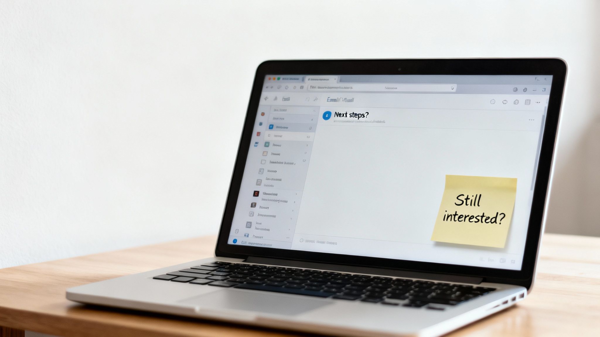 Laptop on a wooden desk displaying an email with a 'Still interested?' sticky note on the screen.