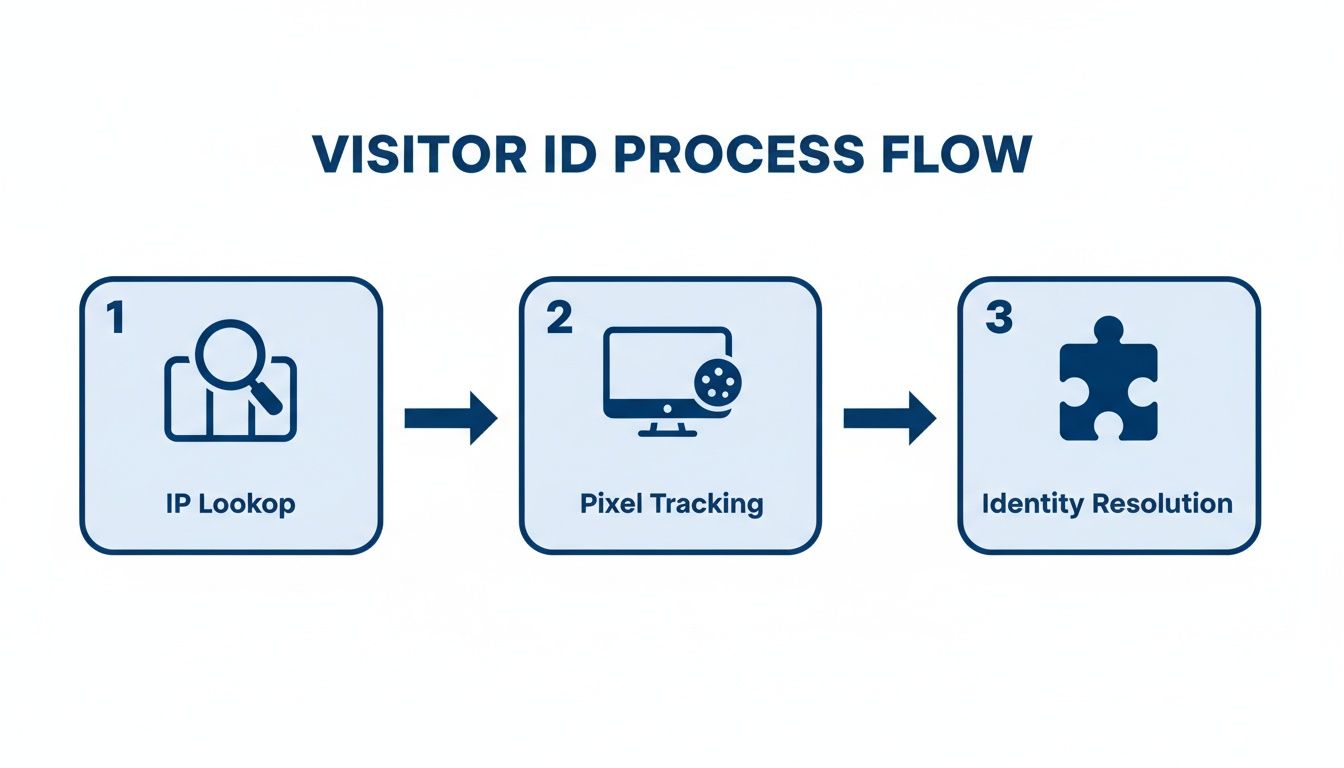 A three-step flow chart illustrating the visitor identification process: IP lookup, pixel tracking, and identity resolution.