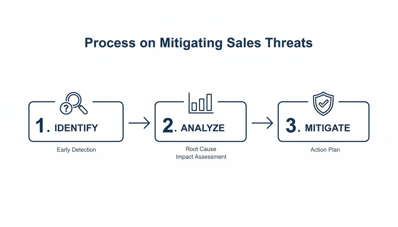 A three-step process flowchart for mitigating sales threats: identify, analyze, and mitigate.