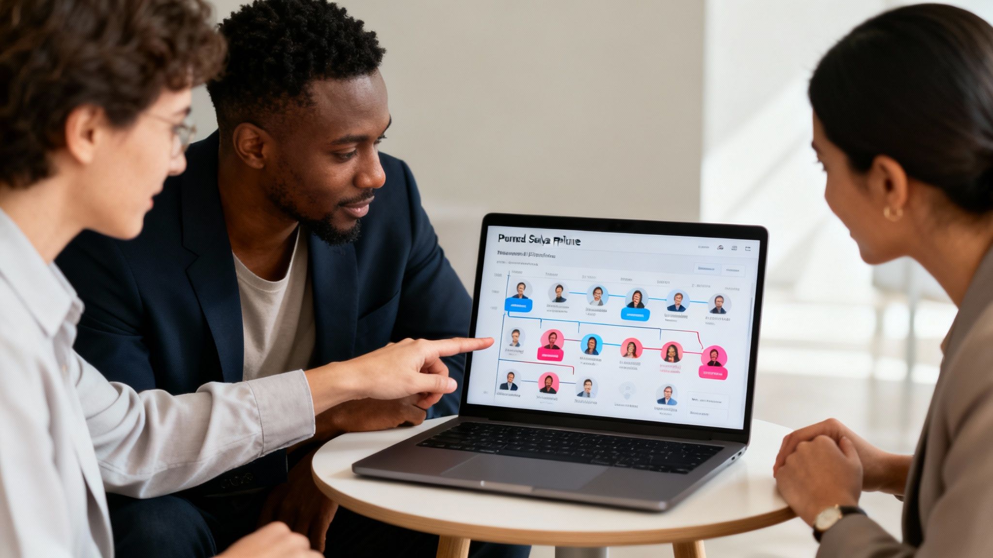 Diverse professionals review a project chart on a laptop, pointing and discussing.