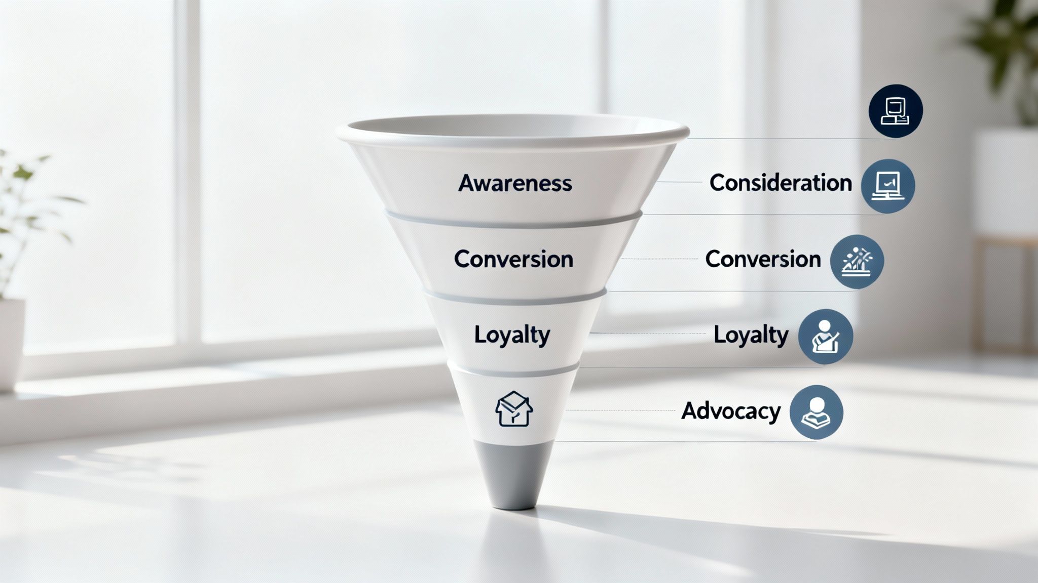 A visual diagram showing the five stages of the customer journey funnel from awareness to advocacy.