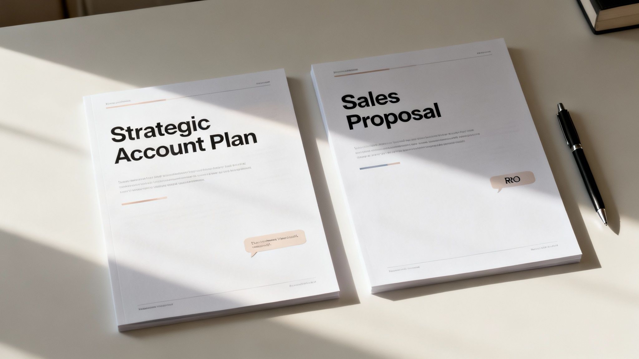 Two professional business documents, 'Strategic Account Plan' and 'Sales Proposal,' on a white desk with a pen.