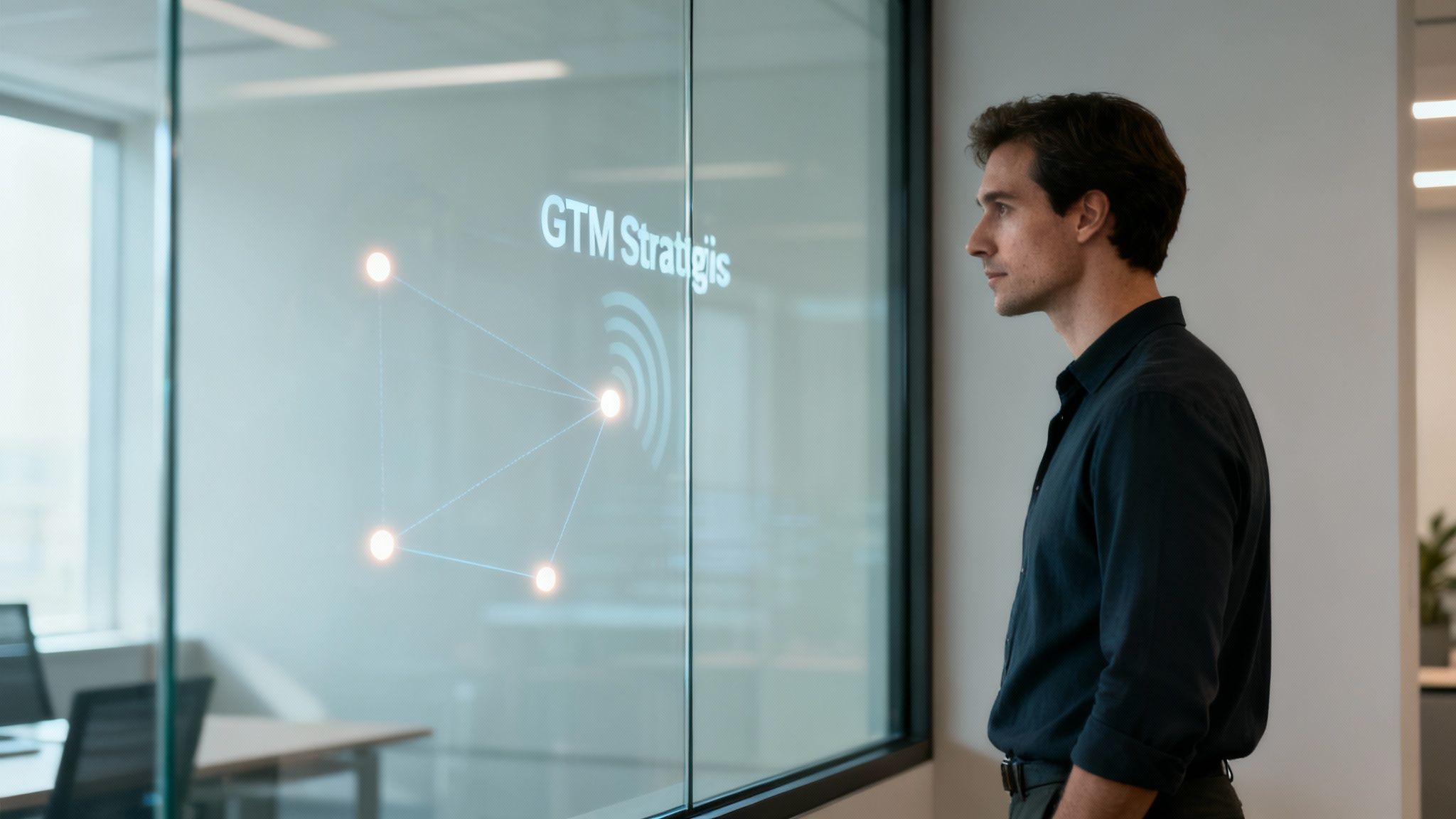 Businessman views 'GTM Strategis' and a network visualization on a transparent digital screen in an office.
