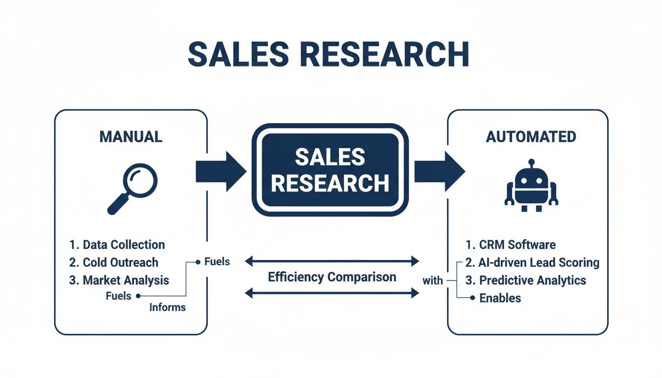 A diagram comparing manual and automated sales research methods, listing their key components.