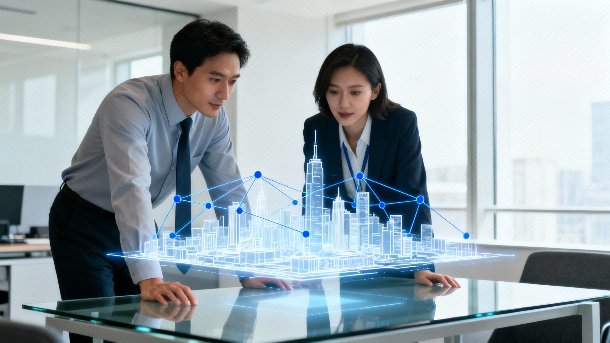 Asian business professionals examine a futuristic holographic city projection on a glass table.