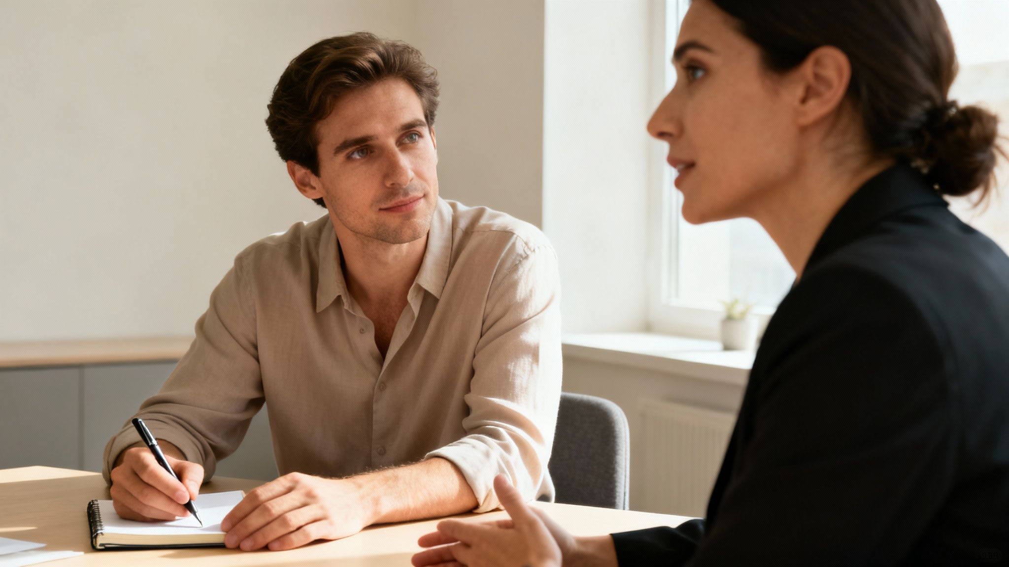A man attentively listens and takes notes while a woman speaks during a professional coaching session.