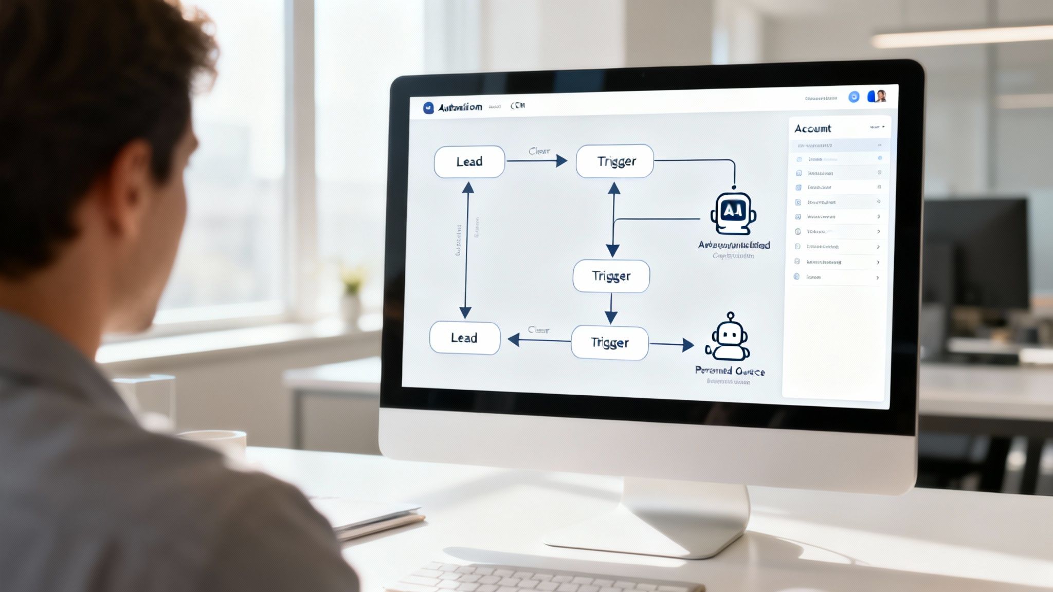 Person viewing a computer screen displaying an automation workflow with leads, triggers, AI, and a bot icon.