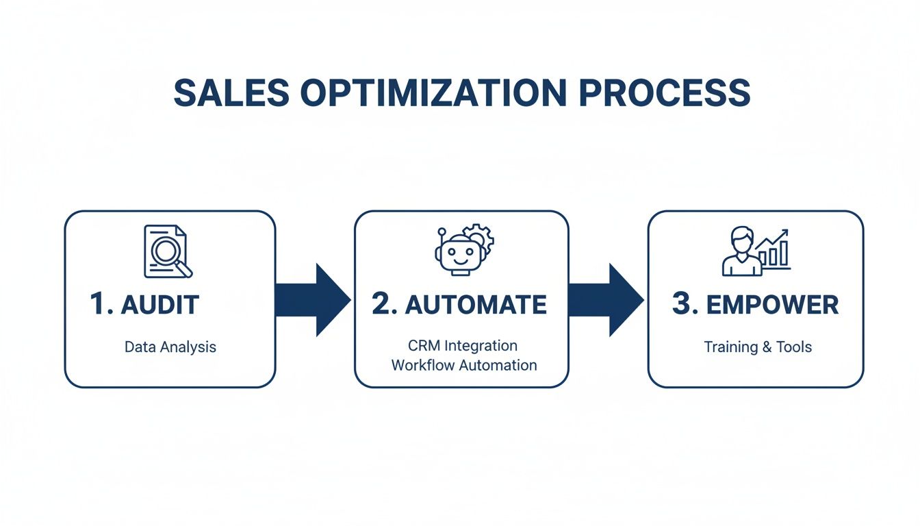 Diagram illustrating a three-step sales optimization process: Audit, Automate, and Empower, with descriptions.