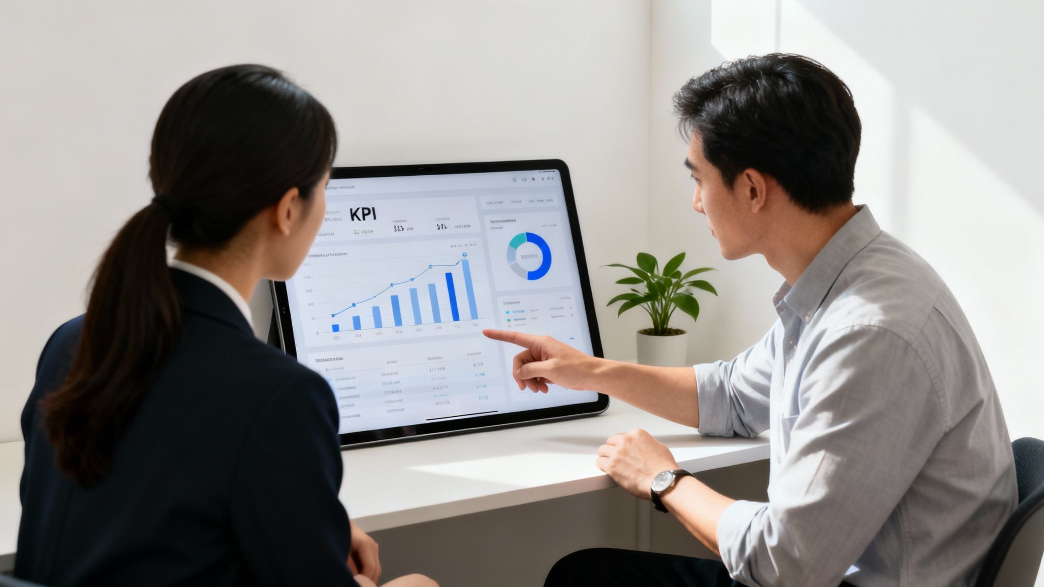 Two professionals analyze business data and KPI charts on a large tablet in an office.