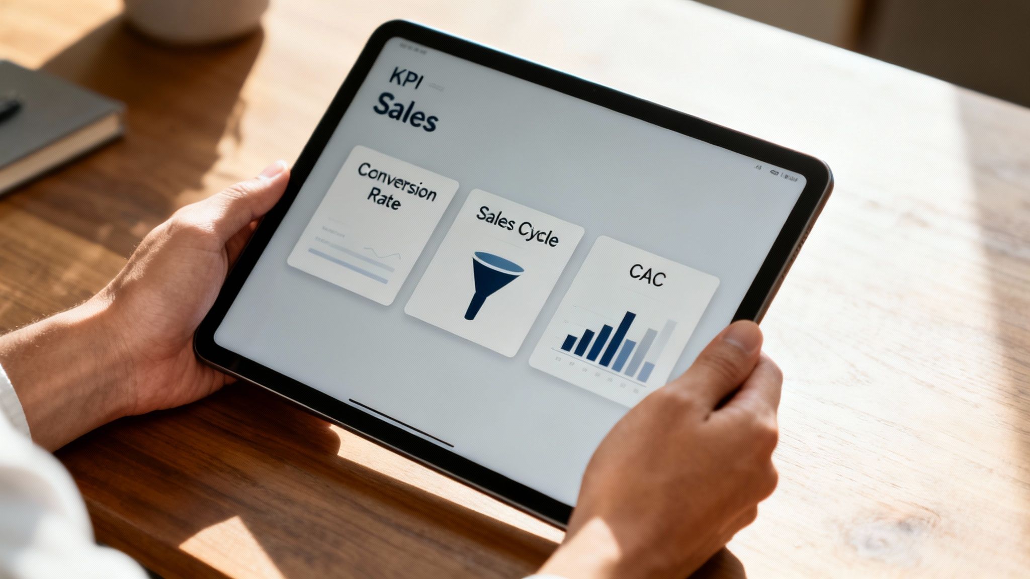 Hands holding a tablet displaying a sales KPI dashboard with conversion rate, sales cycle, and CAC.