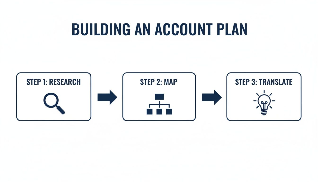 A three-step diagram outlining the process of building an account plan: Research, Map, and Translate.