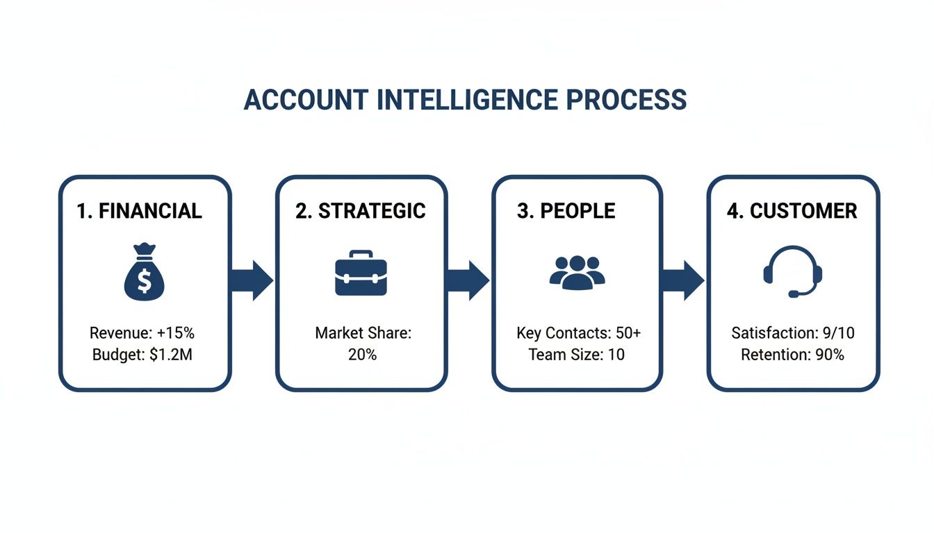 A four-step account intelligence process flow, detailing financial, strategic, people, and customer metrics.