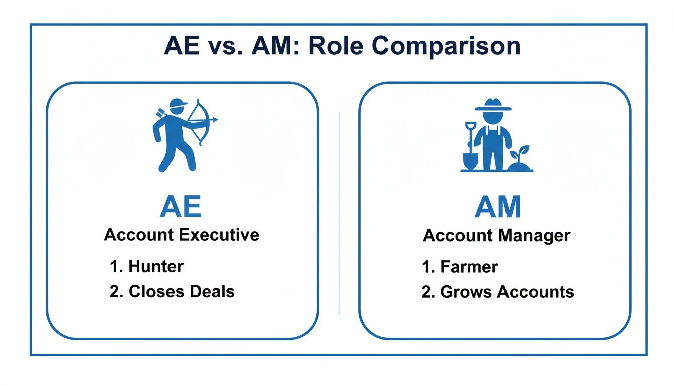 Infographic comparing Account Executive (hunter, closes deals) and Account Manager (farmer, grows accounts) roles.