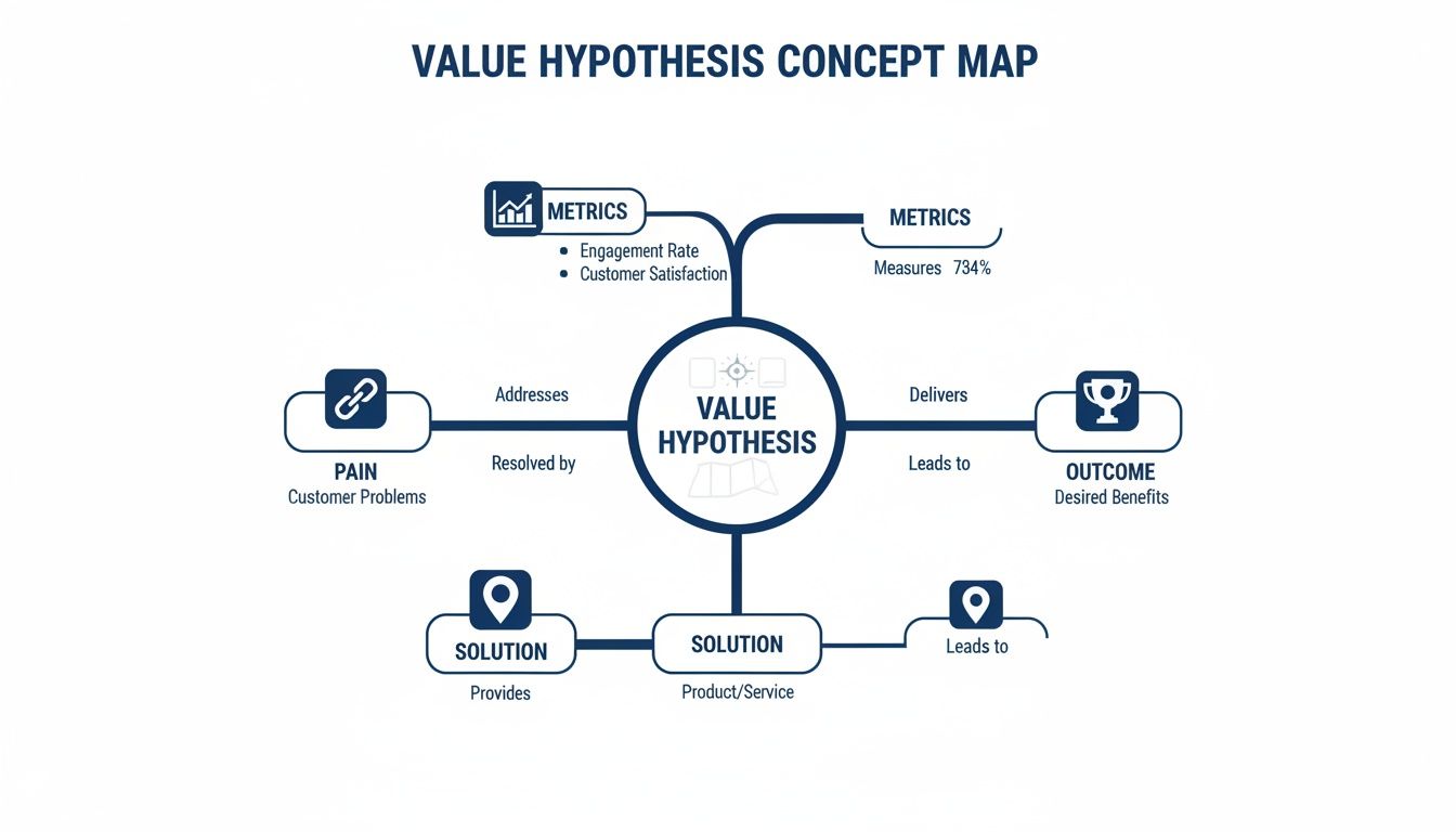 Value hypothesis concept map illustrating connections between pain, solution, outcome, and metrics.