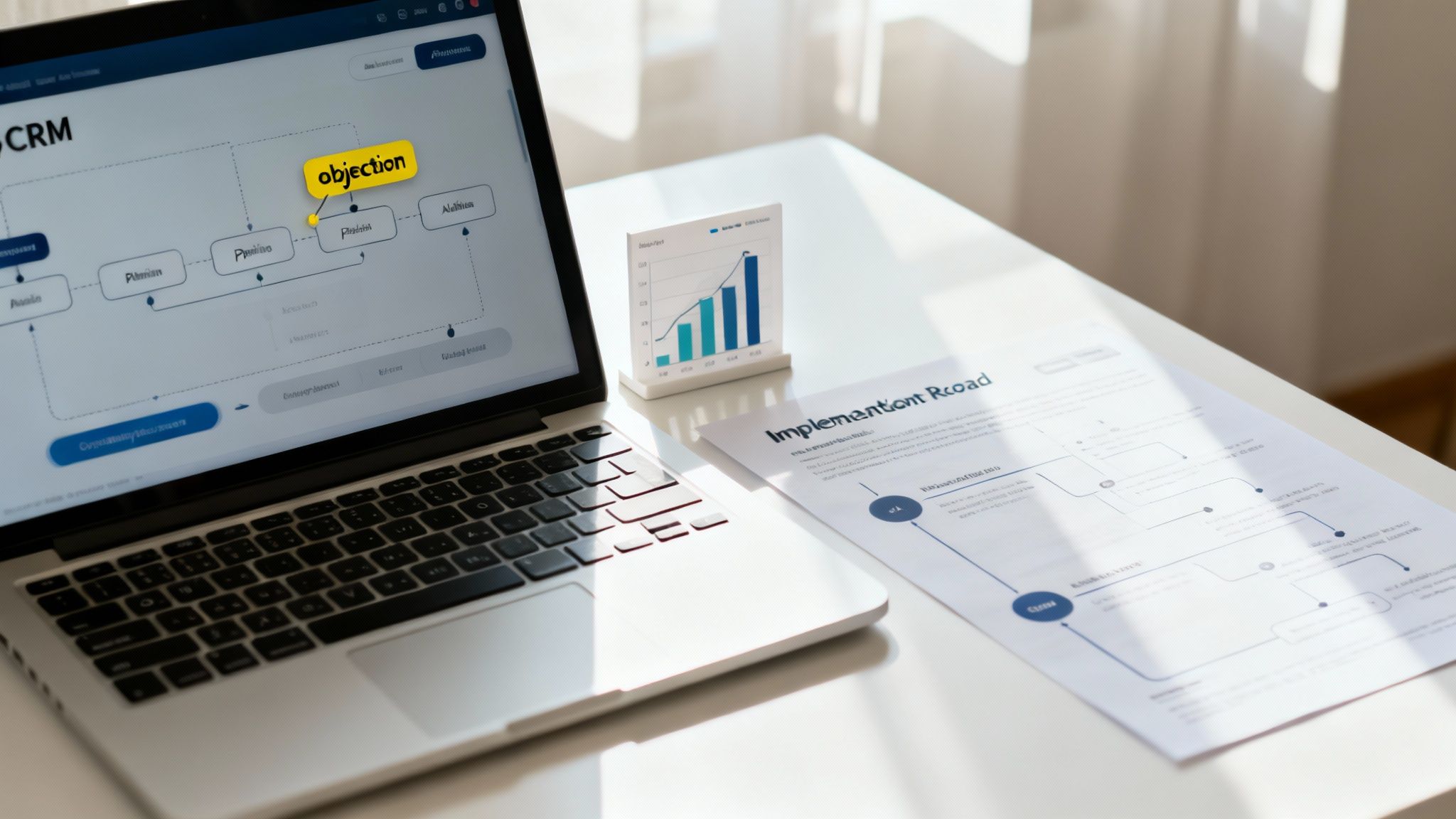 Laptop displaying CRM sales objection workflow diagram with implementation roadmap documents and growth chart